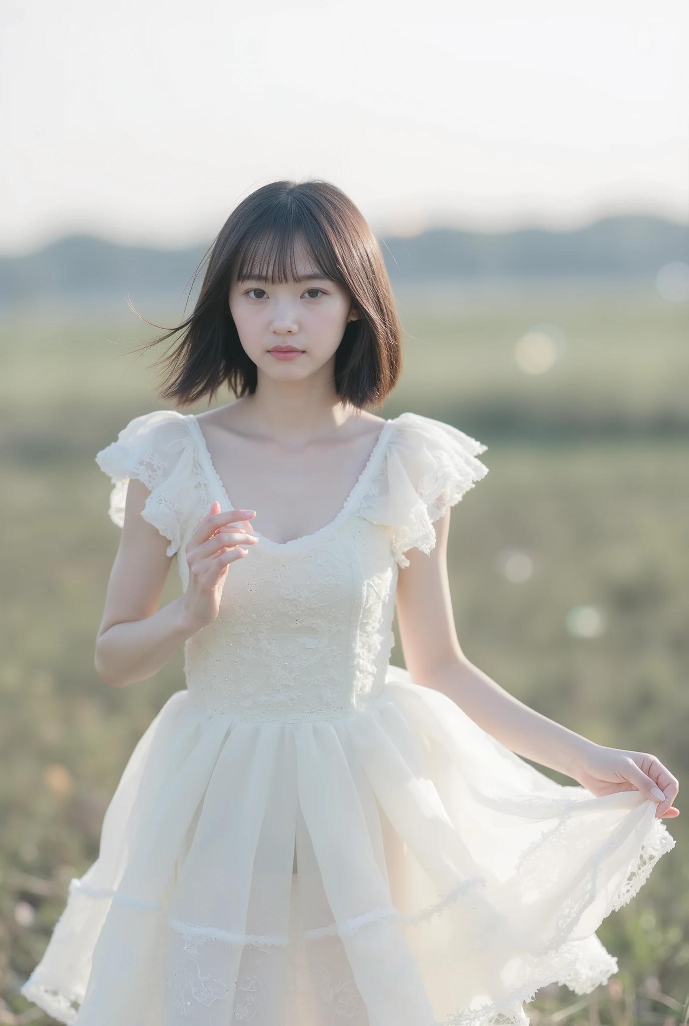 Create an image of a fair-skinned Japanese girl with short-length straight hair stands gracefully in a 'White Cinderella' costume. The composition captures her in a knee-length pose against a blurred background that resembles a white fantasy world, with a distant horizon. Artistic light leaks and chromatic aberration enhance the ethereal atmosphere, all framed from a dynamic angle.