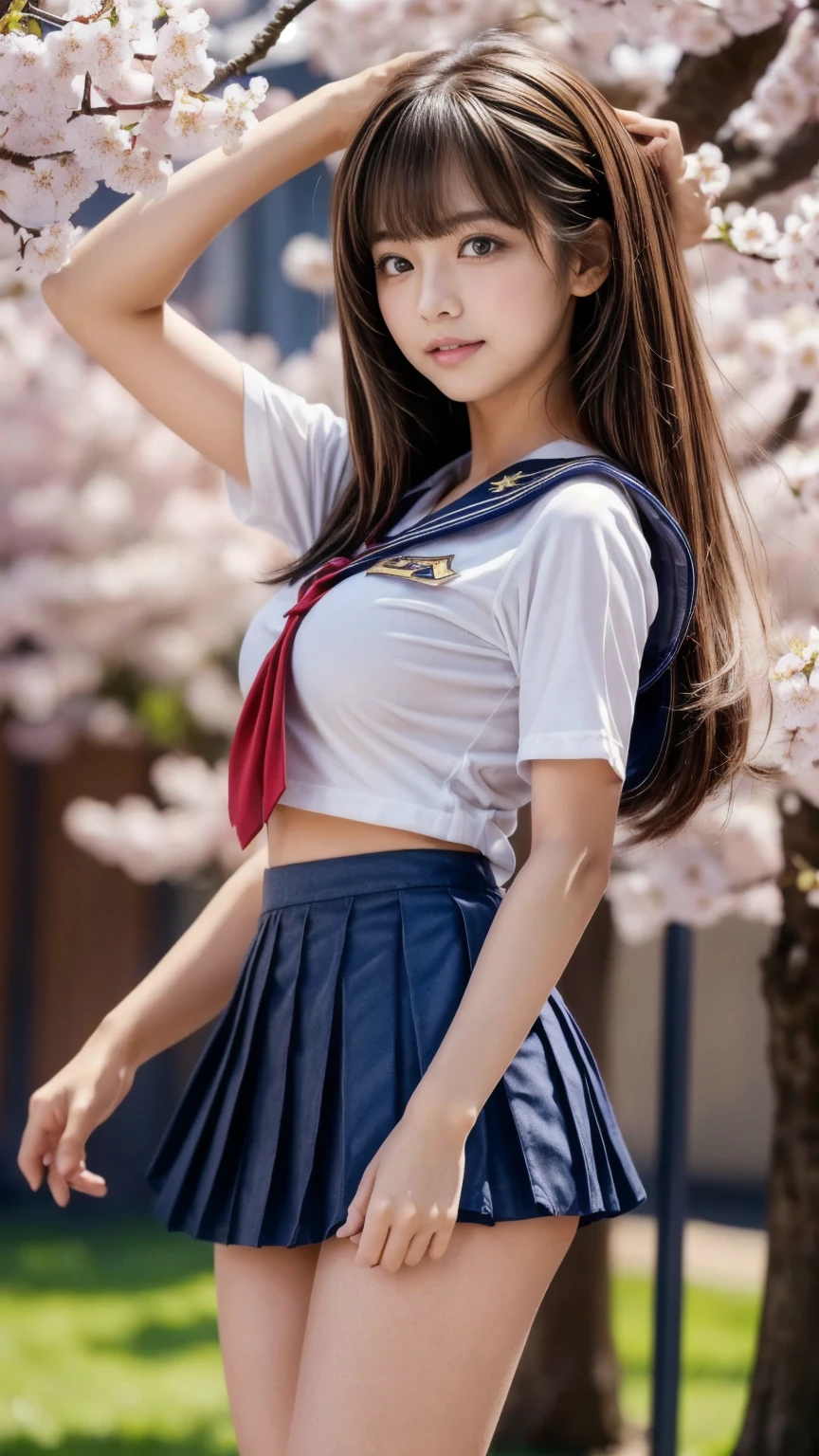 Thin woman, 17 year old slender size model,smile,a healthy woman,high school girl,smile,Brown sailor suit,strap,Slender body,Straight Long Hair ,bangs , Bold Pose,thigh , Realistic, High quality 8k, perfection, Best image quality,Cherry blossoms blooming in the schoolyard