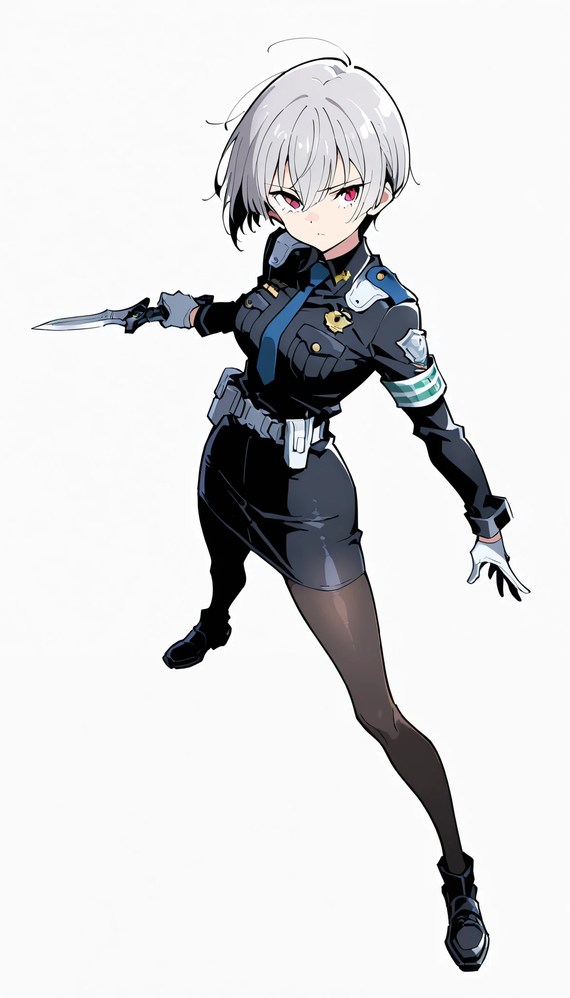 ((masterpiece)), (best quality), 1girl , Alone, simple background, temptation, delicate face, handheld dagger , Battle Pose , full body, silver short hair, long sideburn, Disdainful Eyes, Black Stockings, Damaged black police uniform, medium breasts, style: midjourney, white background, from above, two-point perspective , Impact footage,motion blur,depth of field