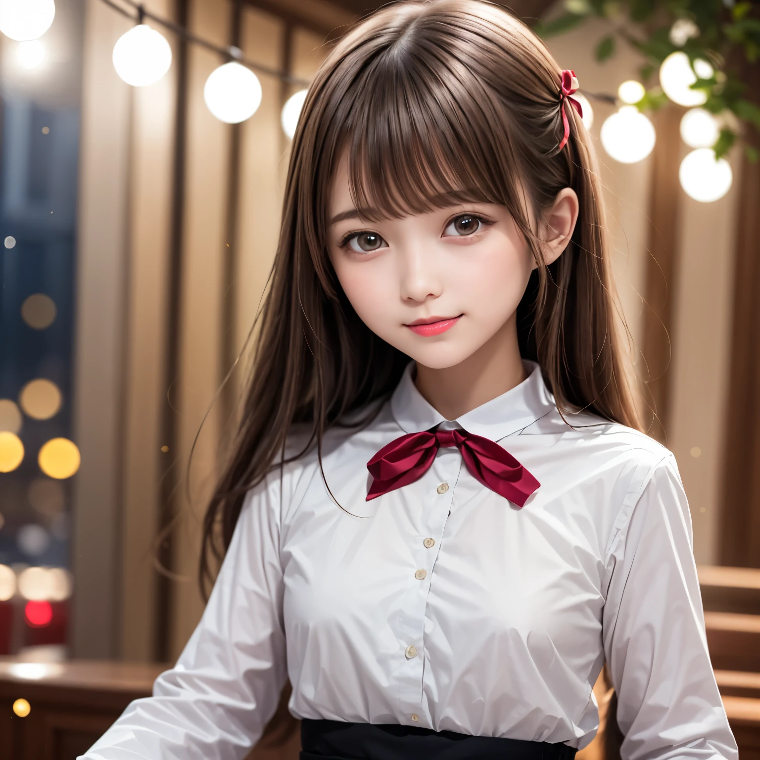 (Very exquisite and beautiful: 1.2), 1 girl, bangs, blurry background, ribbon, black hair, facing forward, hair between eyes, droopy eyes, hair ribbon, light particles, long sleeves, looking at the audience, medium-length hair, night, red ribbon, upper body, smiling, red lips