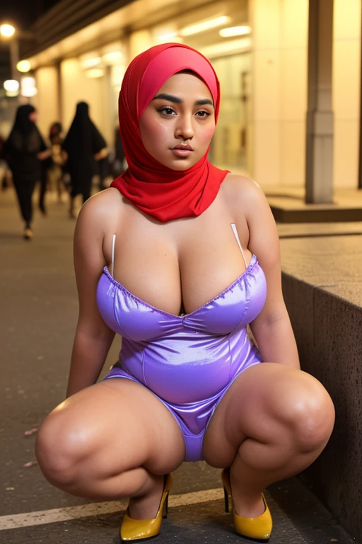Best quality, high resolution, masterpiece: 1.3), beautiful Malay woman in hijab, showing big huge large breasts, nice huge tits, Masterpiece, Best quality), Young woman, perfect bbw fat body, (Huge breasts), big gorgeous eyes, Soft smile, pink delicate turtleneck print sun tight dress, sitting on bench, spread widely legs, necklace, shairband, afternoon walk, City garden, Excellent lighting, Bright colors, Clean lines