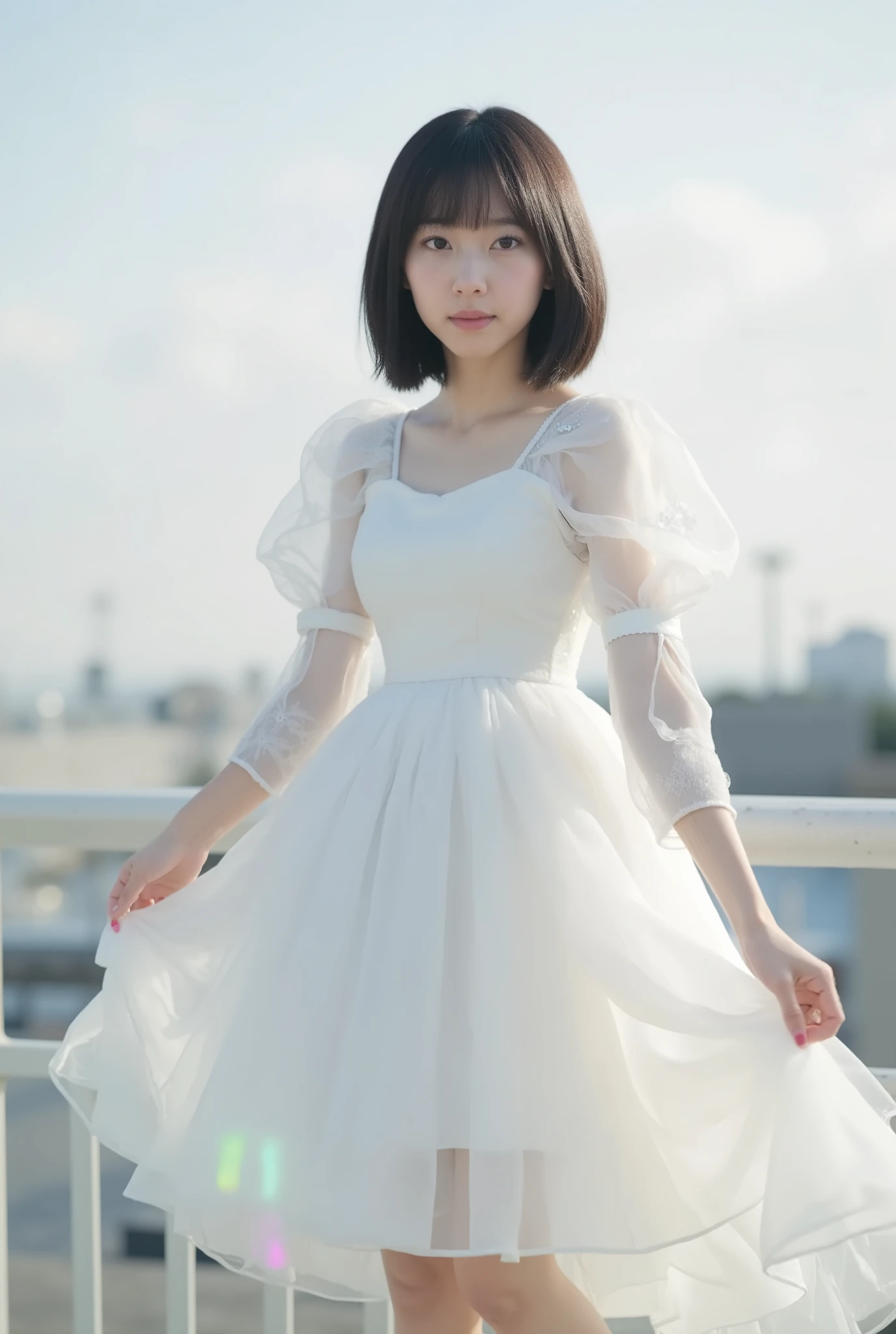 Create an image of a fair-skinned Japanese girl with short-length straight hair stands gracefully in a 'White Cinderella' costume. The composition captures her in a knee-length pose against a blurred background that resembles a white fantasy world, with a distant horizon. Artistic light leaks and chromatic aberration enhance the ethereal atmosphere, all framed from a dynamic angle.
