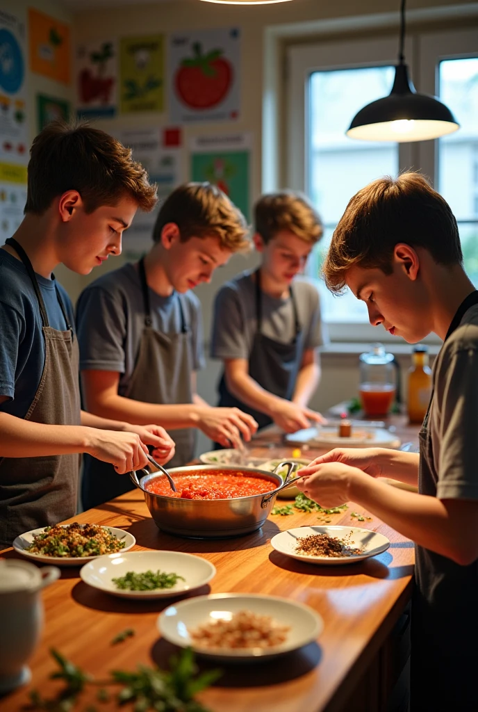 Two boys, one blond blue eyes and the other dark hair green eyes, both 16 years old, cooking and laughing