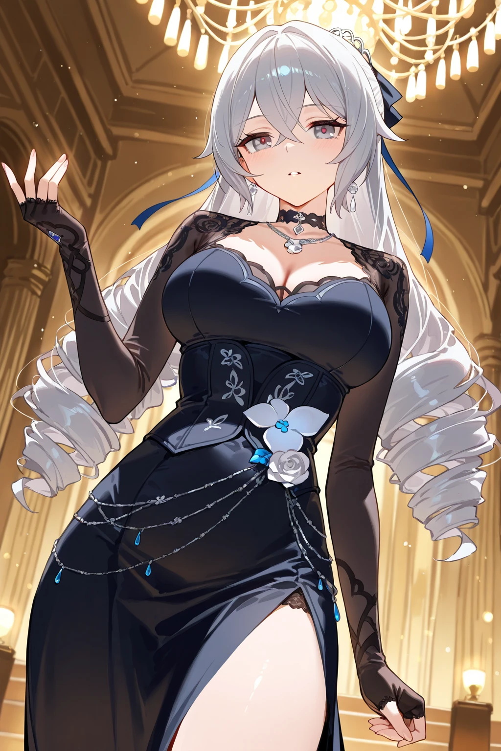 1girl, (fluffy silver long hair: 1.6), dress, mature and beautiful, rich family, in the living room of the villa, on the phone, anxious, frown, flustered, glint, worried, full body, time at night, super detailed CG, delicate facial features, clear facial expressions, detailed digital animation art, digital animation art, high quality anime art style