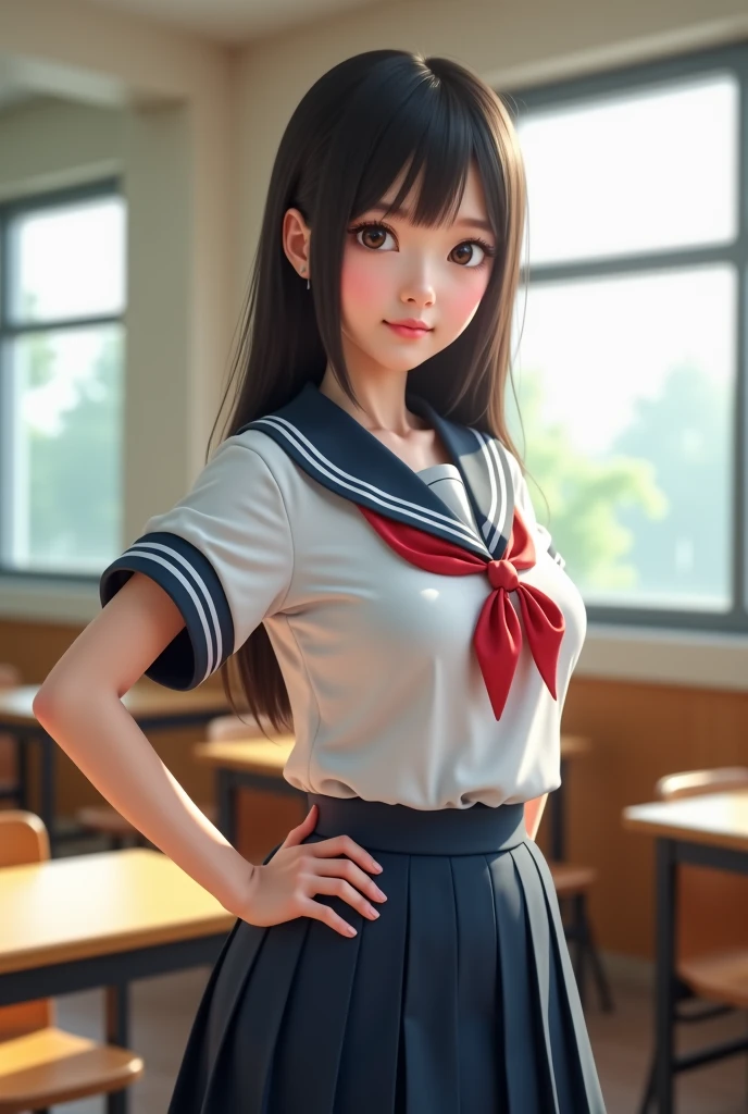Arafed asian woman in a school uniform posing in a classroom - SeaArt AI