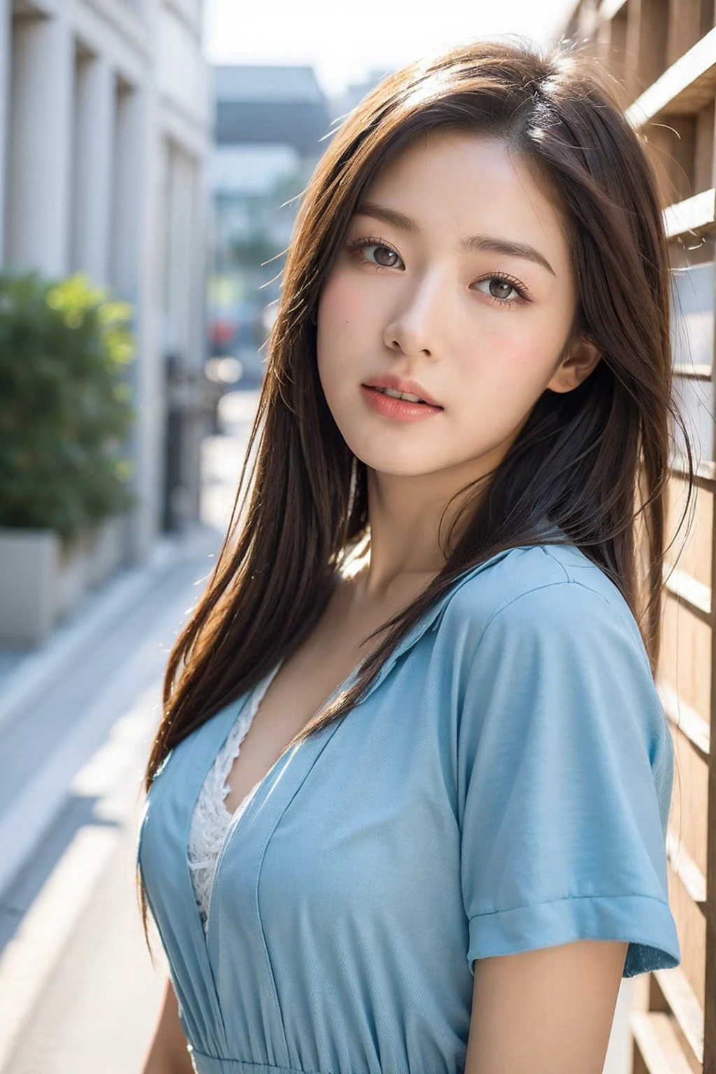 (8k, Best Quality, Masterpiece:1.2), (Realistic, Photorealistic:1.37), Ultra Detail, 1 Girl,Cute,Solo, Portrait, street photography, natural light, bokeh, Chinese beauty, long silky hair, chic and comfortable, casual clothing, Beautiful Detailed Sky,Date,(Blush),(Smile:1.15),Beautiful Detailed Eyes,(Long Hair: 1.2),Floating Hair NovaFrogStyle