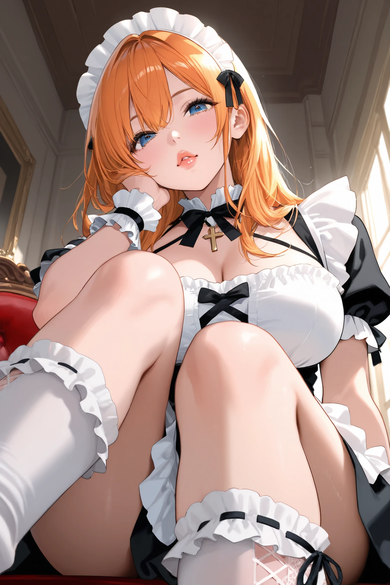 masterpiece, best quality, beautiful woman, full body, detailed hairstyle, ompletly sweated, hoop earrings, golf bangle, choker, mature female, indoors, <lora:mom_(japanese_mcdonalds_commercial) 2:1> mcmom, black eyes, bright pupils, red hair, white pupils, transparent pvc sexy maid clothes, see-thought, apron, cut-out, cleavage
