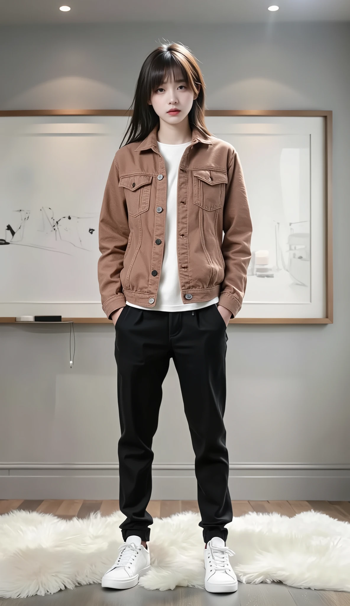 Yoshihide , Maroon Bangs Hairstyle, Wear a large maroon t-shirt, with comfy jeans or skirt, Mid-range , On the Street, detailed portrait , realistic, Professional Photography, Studio Lighting, clear focus, Physically based rendering, super detailed, 8,000, HDR, bright colors , Warm colors.