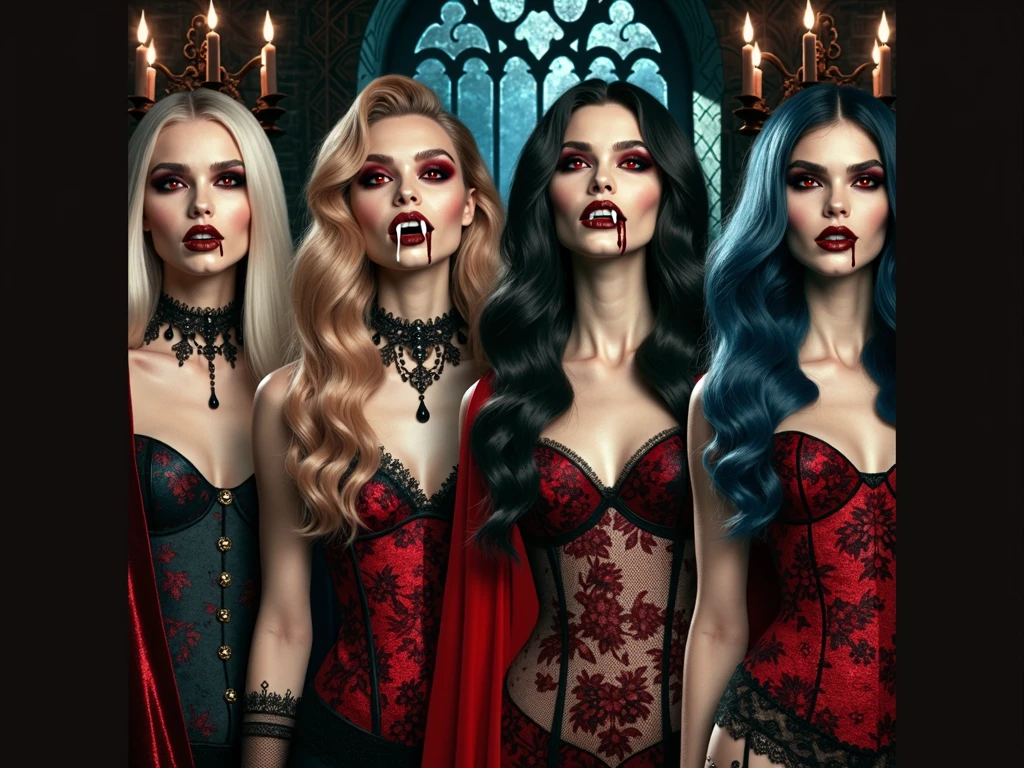 2 beautiful female vampires, 2women, vampire queens, woman vampires, big breasts, curvy body, one of them has black hair, one has ginger hair, extremely pale skin, red lipstick, cleavage, intricate details, nighttime, candlelight, gothic castle, gothic dark red dress, delicate lace fabric, revealing long dress, seductive eyes, masterpiece, 8k uhd, blood, fantasy style, mysterious, blood lust