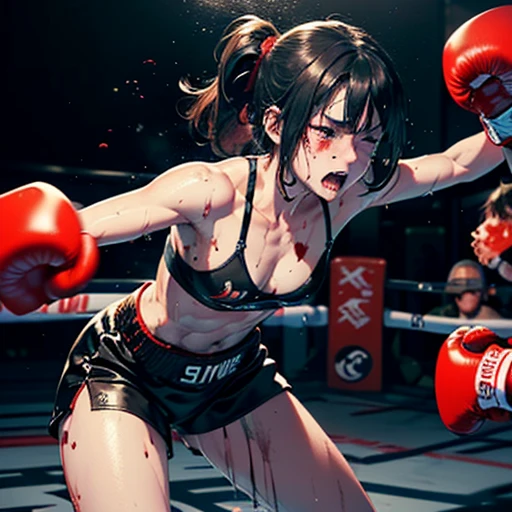 {they are striking each other's face by hard punch｝, they are thrusting forward so powerfully. two {bloody｝beautiful young female fighters are fighting by extreme bareknuckle boxing in the octagon fighting ring of underground arena with audience. A fierce exchange of dynamic punches. they are beating each other so hard. survival battle. whole body picture. they are covered in scars and bruises. they are damaged terribry. Short-cut black hair, out of breath, drooling from mouth, one eye is closed, exhausted, drenched in sweat. Erect nipples. open finger glove. Ragged white and pink lined sports bra, high leg panty, Stockings. armwarmers. small breasts, Whittled waistline, muscular, six-pack abs