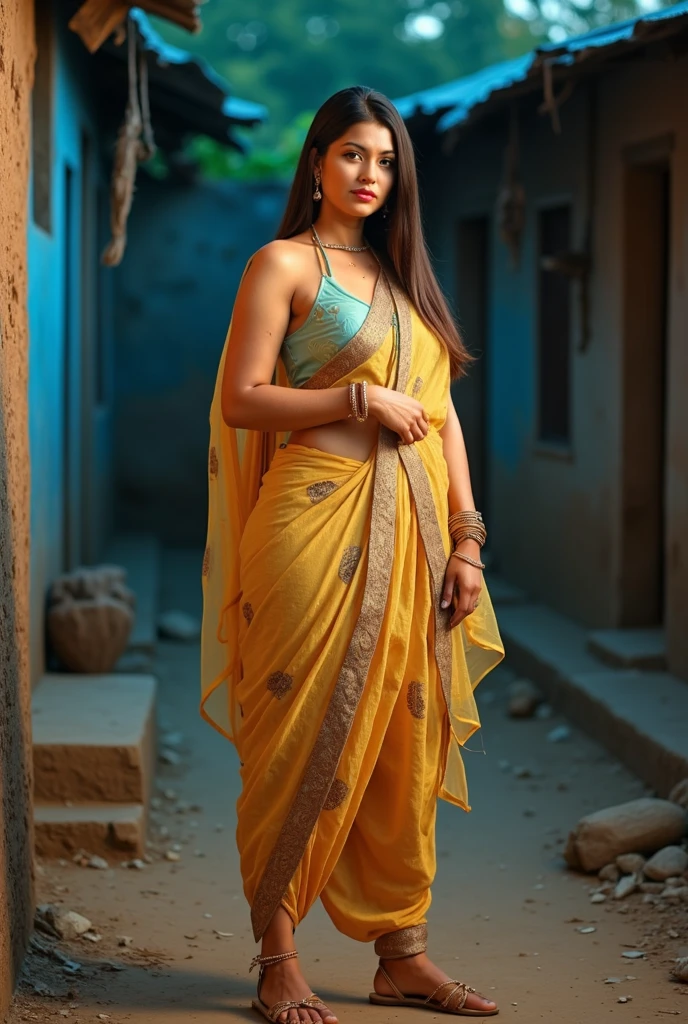 change background cyberpunk indian beautiful girl, wearing yellow saree, Ultra realistic , 8k