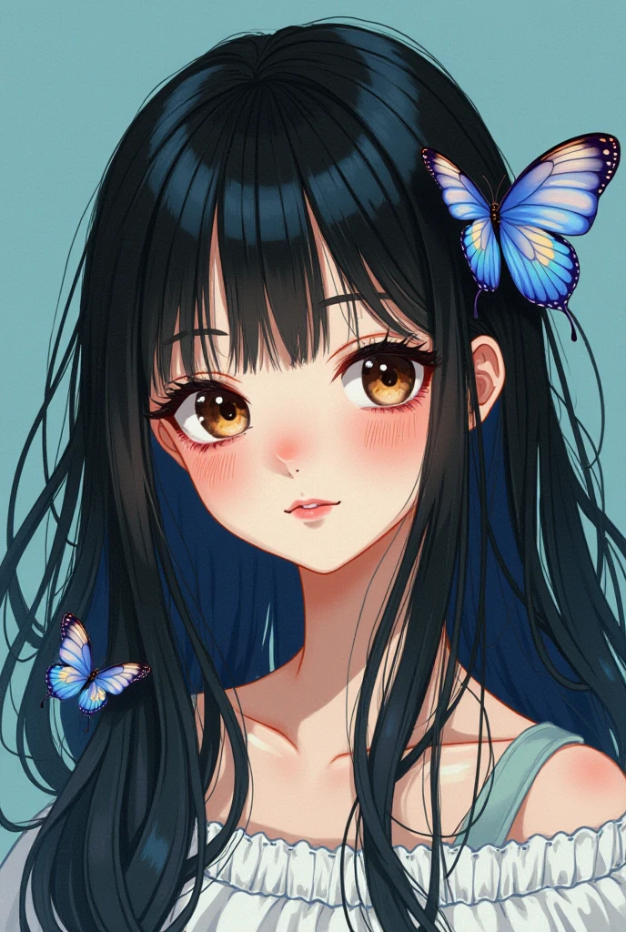 Black hair, anime, gold butterflies, pastel blue, baby breath