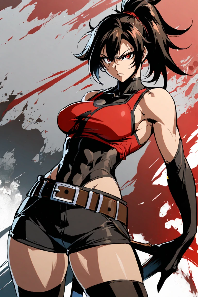 female,very short hair,Wear a red eye patch over your right eye..,black hair,Wear a tank top,There are abdominal muscles.,red sickle,open mouth smile,มีred sickle.Wear a bikini top.