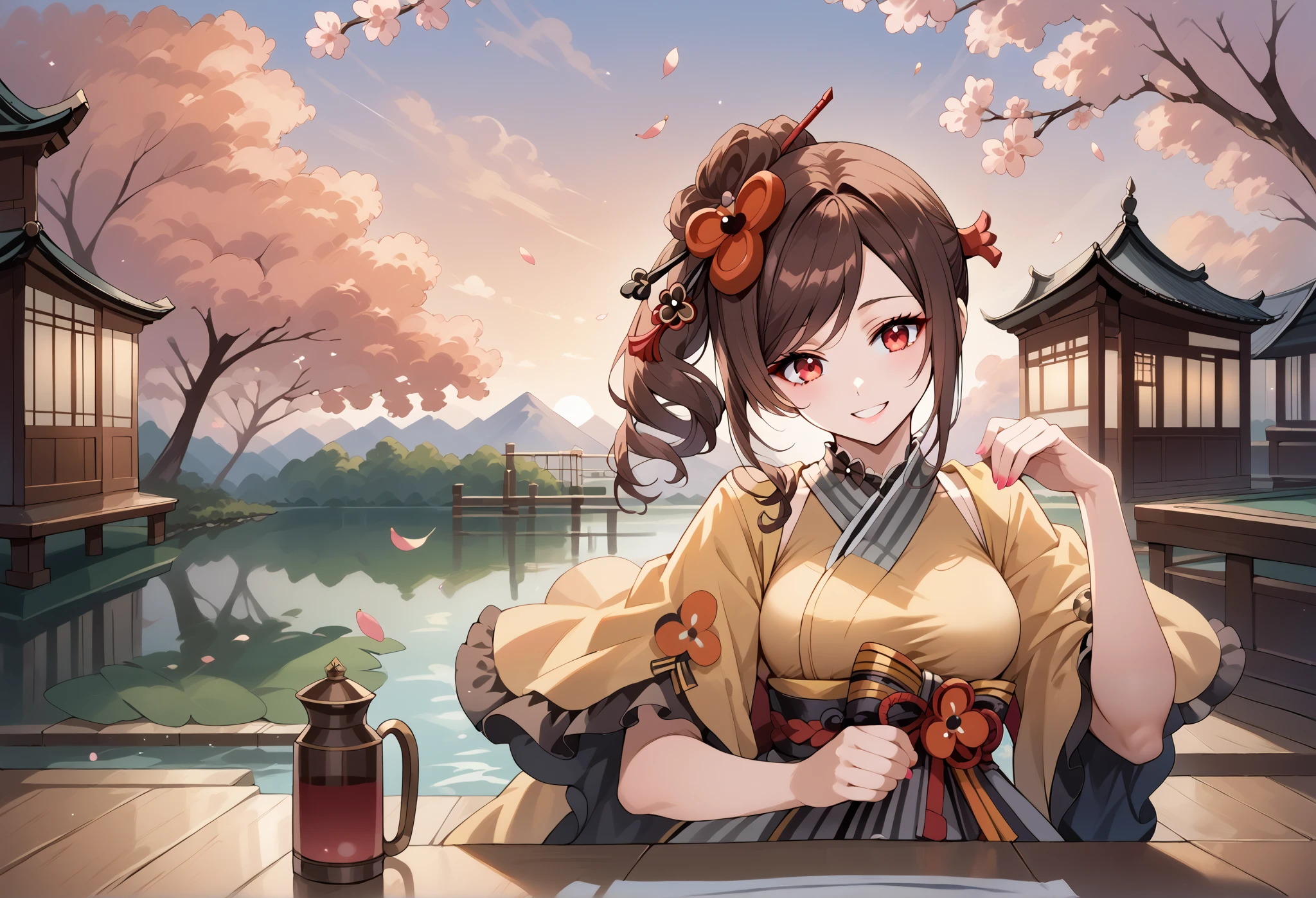score_9, score_8_up, score_7_up, source_anime, 4K,perfect fingers,(perfect hands, perfect anatomy),prefect lighting, very aesthetic, intricate details,highly detailed background, masterpiece, high quality, best quality,
1girl,Solo,genshinchiori, chiori, brown hair, hair ornament, red eyes, hair flower, large breast,
wearing ((casual dress,frills,ornate clothing, )),,
sakura,cherry blossoms,action pose, looking at viewer, head tilt,playful smile, looking at viewer, smile, outdoors, sky, solo focus, day, cloud,pond, across table, pov, sunset,