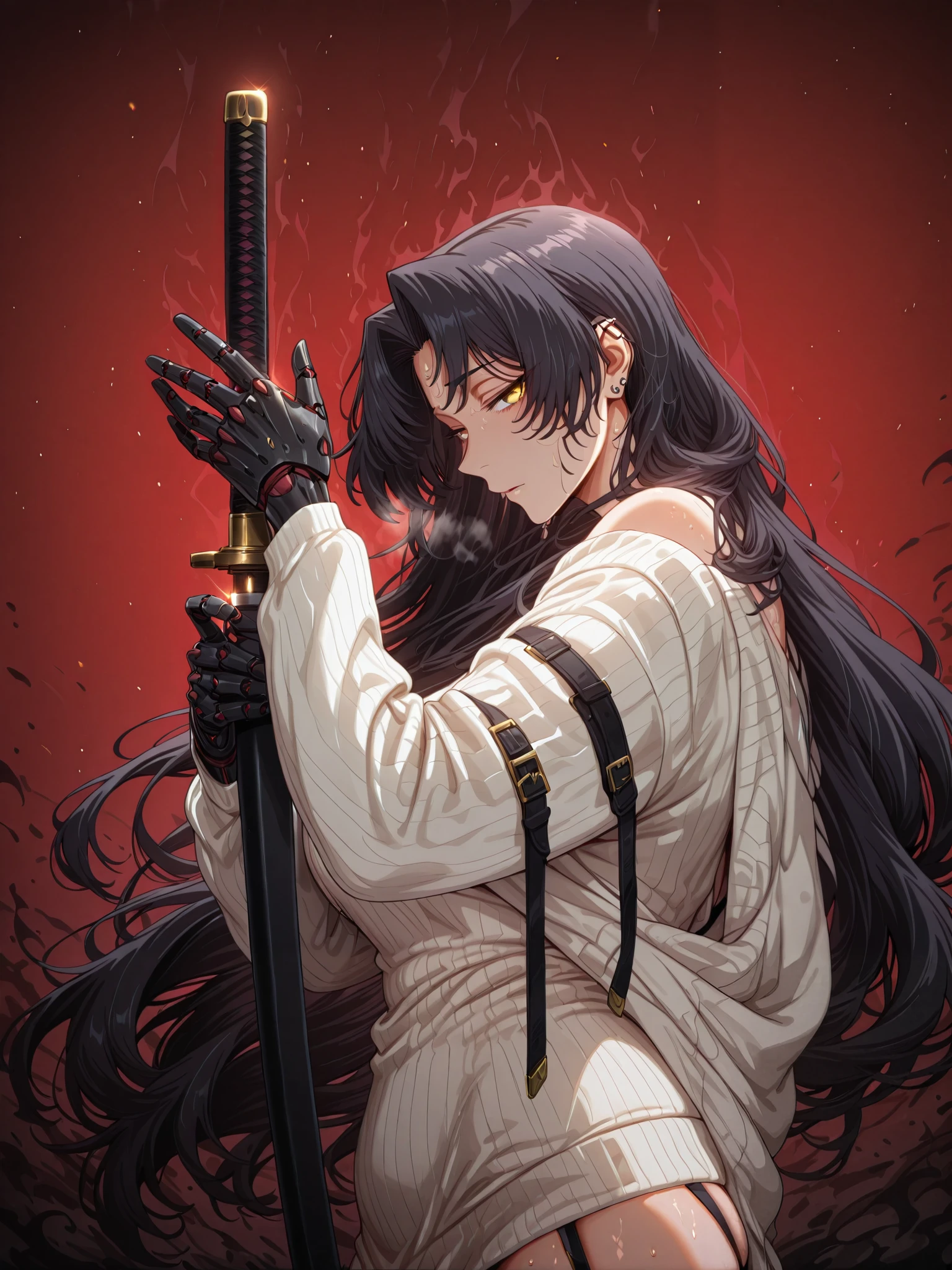 anime coloring, anime screencap, anime-style detailed background, vignetting, masterpiece, high quality, absurdres, best quality, very aesthetic, newest, dynamic composition, anatomical correct, HD, 4K, digital art, trending on ArtStation, perfect body, perfect eyes, perfect fingers, gasping, heavy breathing, excessive sweating, sweating, sweating profusely, gasping profusely, cinematic, ((skindentation)), ((curvy)), dominique de sade, long hair, black hair, curtained hair, yellow eyes, black pupils, plump, 1girl, weapon, solo, sword, red_background, katana, holding_weapon, holding, simple_background, ear_piercing, sheath, holding_sword, mechanical_arms, profile, from_side, sheathed, looking_at_viewer, cyborg, white jacket, sweater dress, off shoulder, black short, (black aura), (grey aura), (aura:1.2)
