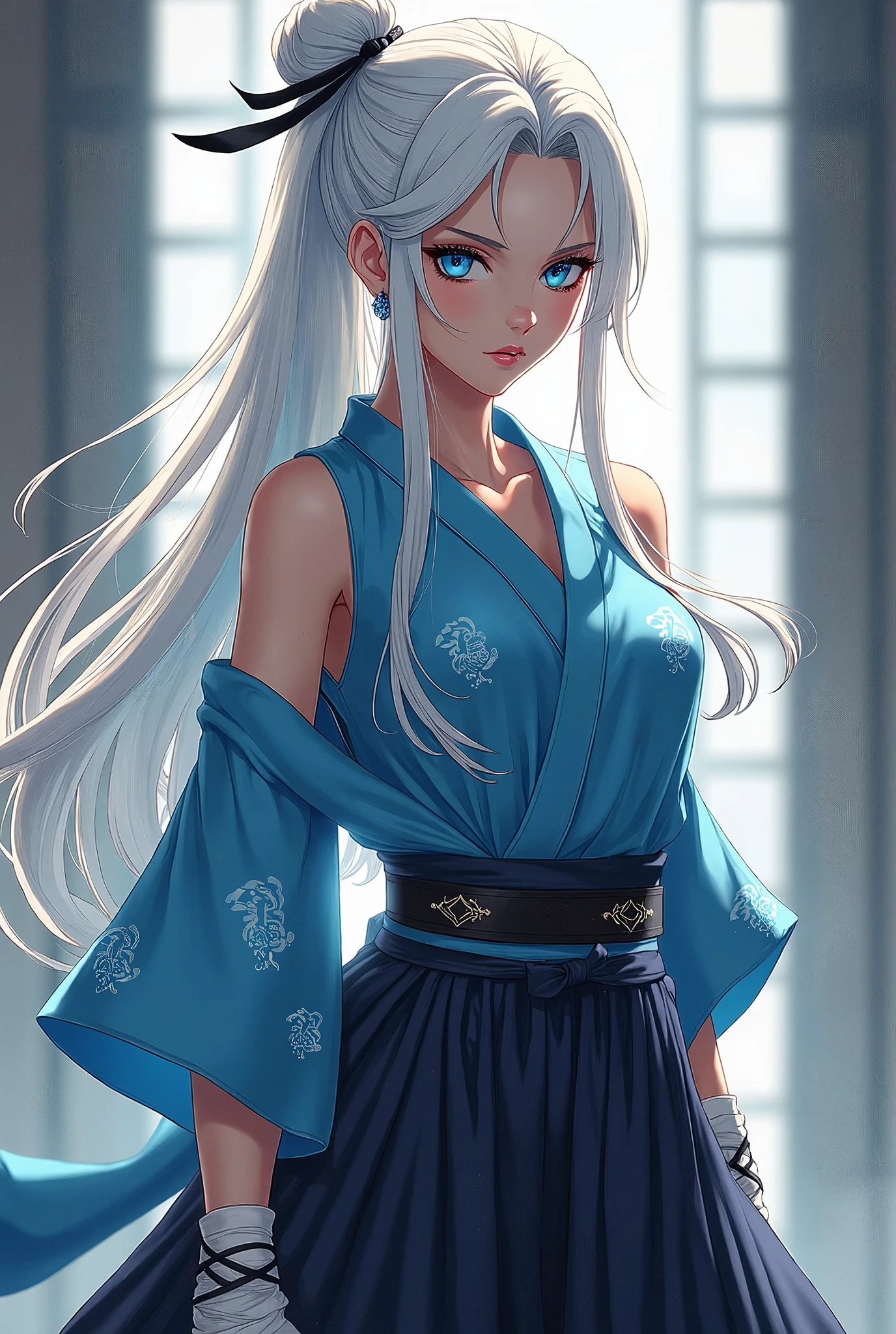 Anime girl with long white hair and blue dress in a room - SeaArt AI