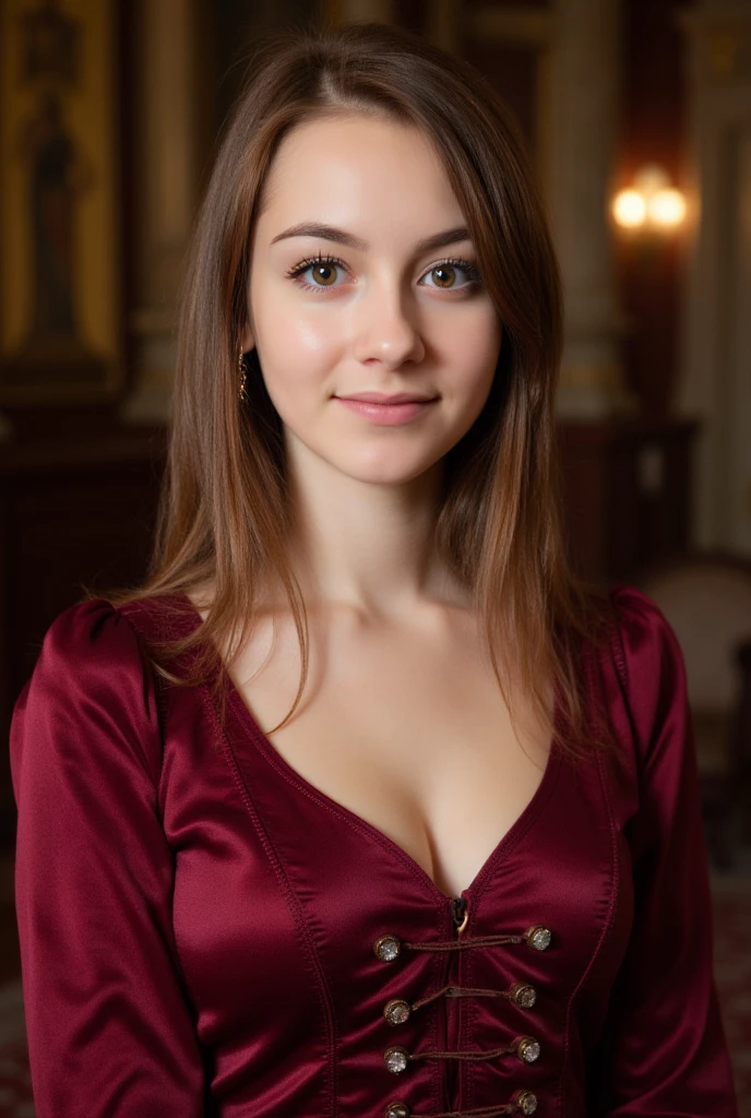 (highest quality,High resolution,In 8K), brown haired woman, young french woman,larger breasts、Stylish royal golden dress ,bright colors, porcelain skin, Big eyes, Cute smile showing white teeth, charming charm, At a open island (maldeev) soft lighting, exquisite details,Stylish royal blue golden dress,wearing black sunglass