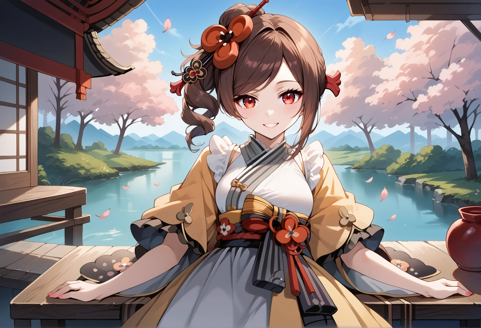 score_9, score_8_up, score_7_up, source_anime, 4K,perfect fingers,(perfect hands, perfect anatomy),prefect lighting, very aesthetic, intricate details,highly detailed background, masterpiece, high quality, best quality,
1girl,Solo,genshinchiori, chiori, brown hair, hair ornament, red eyes, hair flower, large breast,
wearing ((casual dress,frills,ornate clothing, )),,
sakura,cherry blossoms,action pose, looking at viewer, head tilt,playful smile, looking at viewer, smile, outdoors, sky, solo focus, day, cloud,pond, across table, pov, sunset,