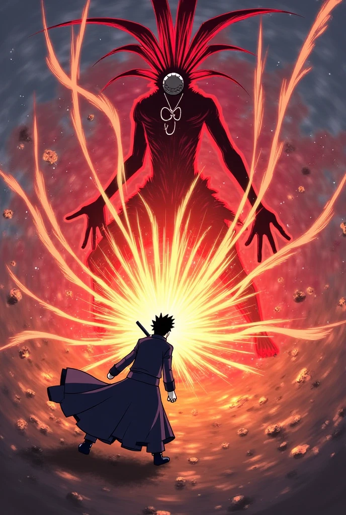 a similar muscular sukuna jujutsu kaisen boy in black clothing in the center with medium long brown hair and a black beanie hat on a black and red background symmetrical image anime