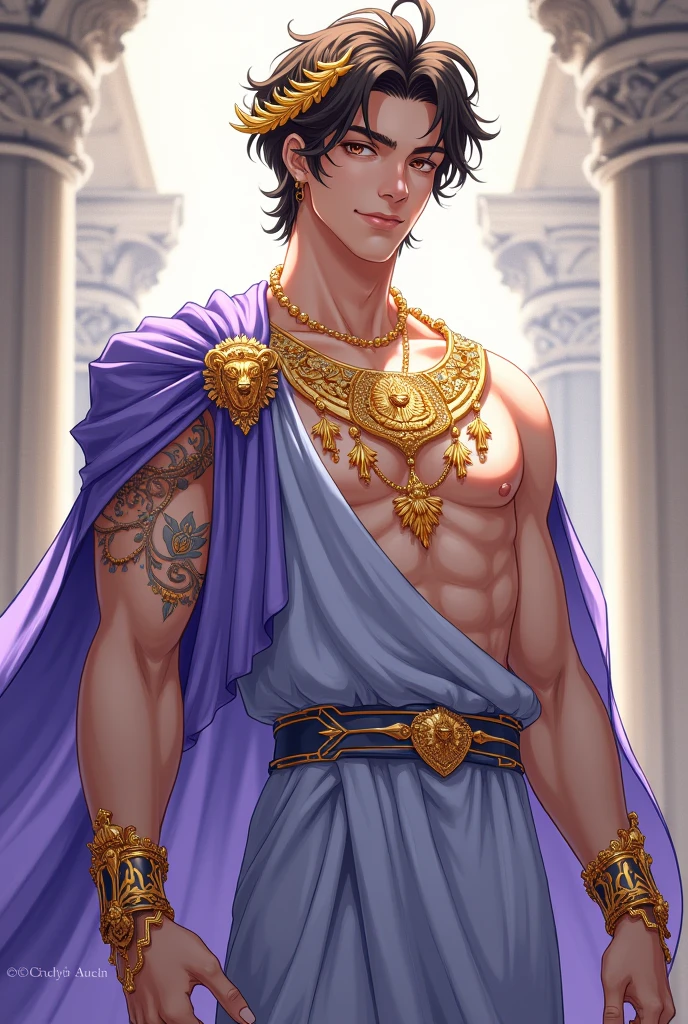 ((best quality)), ((masterpiece)), (detailed), 1boy, thin, greek temple, renaissance, short curly hair, beautiful male face, detailed eyes, muscular chest, topless, golden chain belt, draped cloth sunga, arm ring, detailed skin, realistic, daeni pin style, [Daniel F. Gerhartz style::0.5], uhd image, hires, 8k, semi-realistic, epic lighting, sharp focus, realistic, romantic,
