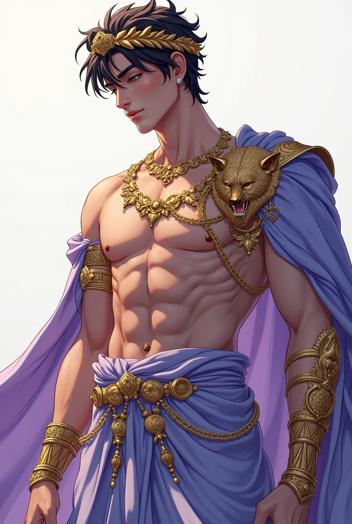 Powerful man warrior, ????? bared, lower body uncovered from thighs to feet, luxuriant long curls, meticulous skinny muscle definition, photorealistic rendering, 4K resolution. Background: Ancient Egyptian temple complex, uhd, best quality, masterpiece, super detail, high details