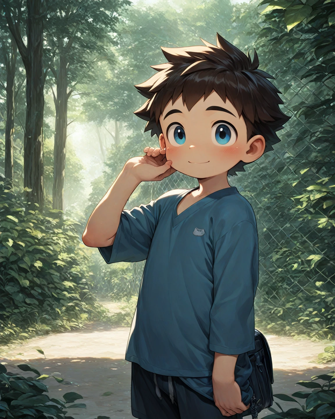 8 year old boy, in the enchanted forest, simple clothes, Pixar style