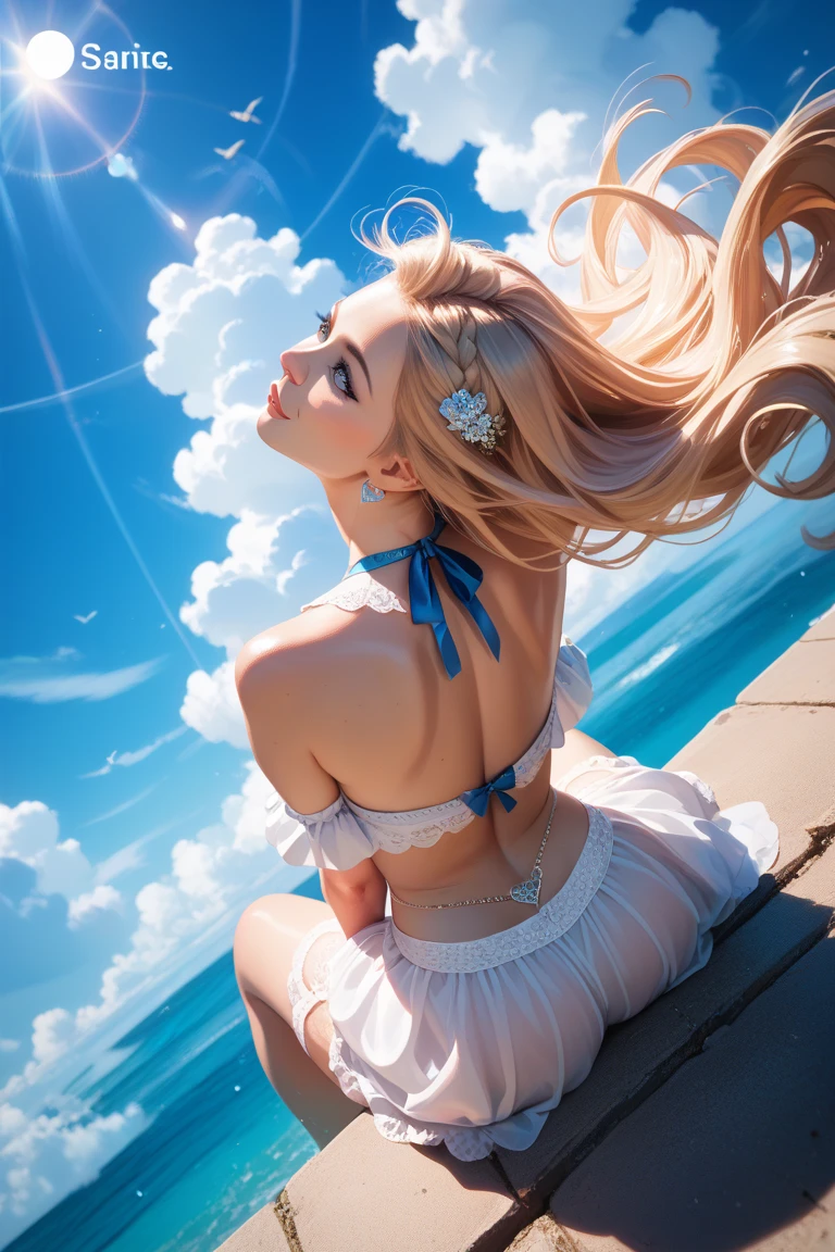 A woman in a thong bikini with blonde hair on a beach
