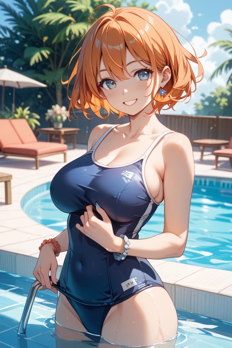 matikanefukukitaru \(umamusume\)、Close-up of the butt looking up from below、Get wet all over 1.5.Realistic、squat butt emphasis、13 year old girl、wearing a blue swimsuit,smile,cleavage emphasis,face reality,lips are a little red,cheeks are a little red,Sexy,pool