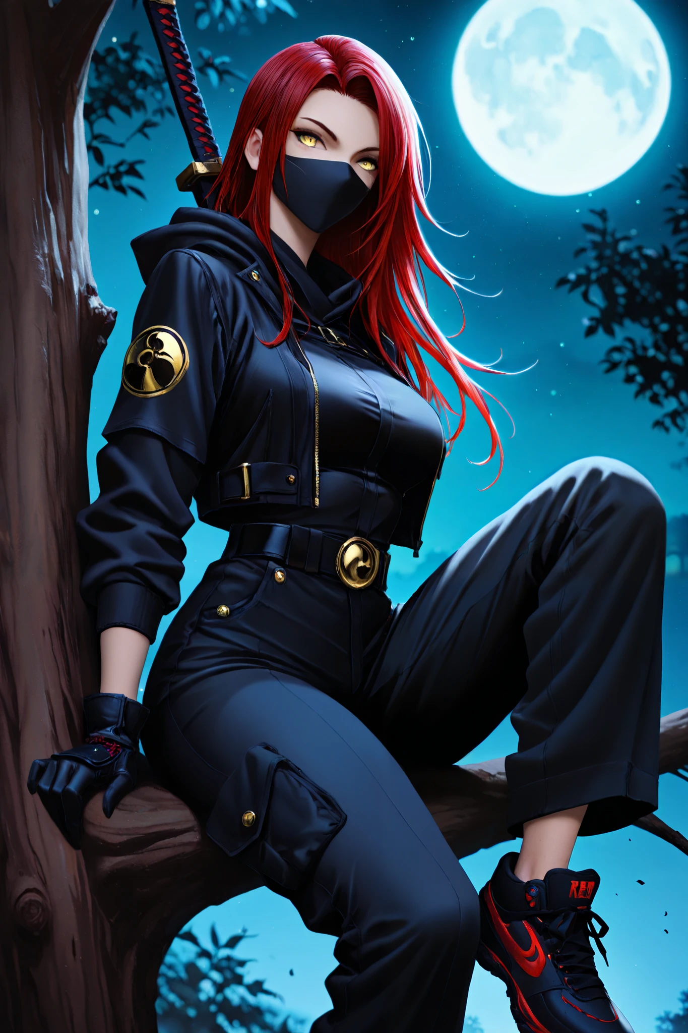 1girl, girl_focus, red hair, long hair, golden eyes, ninja swords, solo, black jacket, gloves, mask, sitting, sneakers, black cargo pants, looking_at_viewer, sitting in a tree, belt, hood, black_pants, black_gloves, weapon_on_back, busty body, full moon, night,