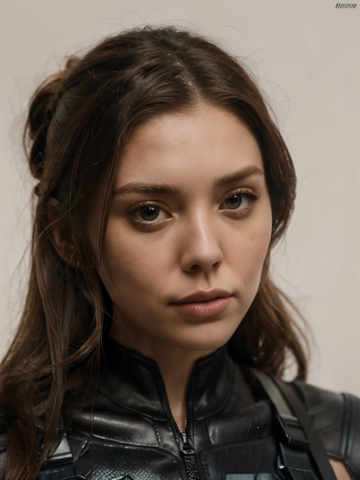 close up of bust. Elizabeth Olsen as a secret spy. She has an athletic build. She wears a black spy suit, tactical gear. white background.