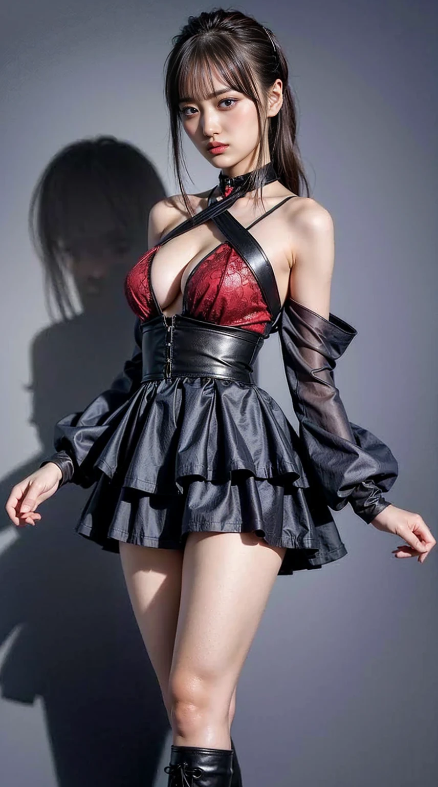 A slender 10-year-old Japanese girl with bright red lips stands in a deserted shopping street., Full body images、Seduce you with gothic fashion, Black lace blouse、（Blouse shirt with red ribbon on the chest）、((Wearing red lace gloves)), solo, I&#39;m 10 years old , Photos taken by a professional photographer, There are no adults in this room.., Seductive makeup, Vampire Makeup, (Baby Face:1.2), infant, Skinny body, , Asian, Dominator, Stiletto heels, garter belt, Sexy gloves, Bondage Fashion, Small choker, Black lace, Highly detailed face, Very nice teeth, Highly detailed lips, Highly detailed mouth, Shiny Hair, Shiny skin, Fair skin, 4K, Photo Real, Very realistic, masterpiece