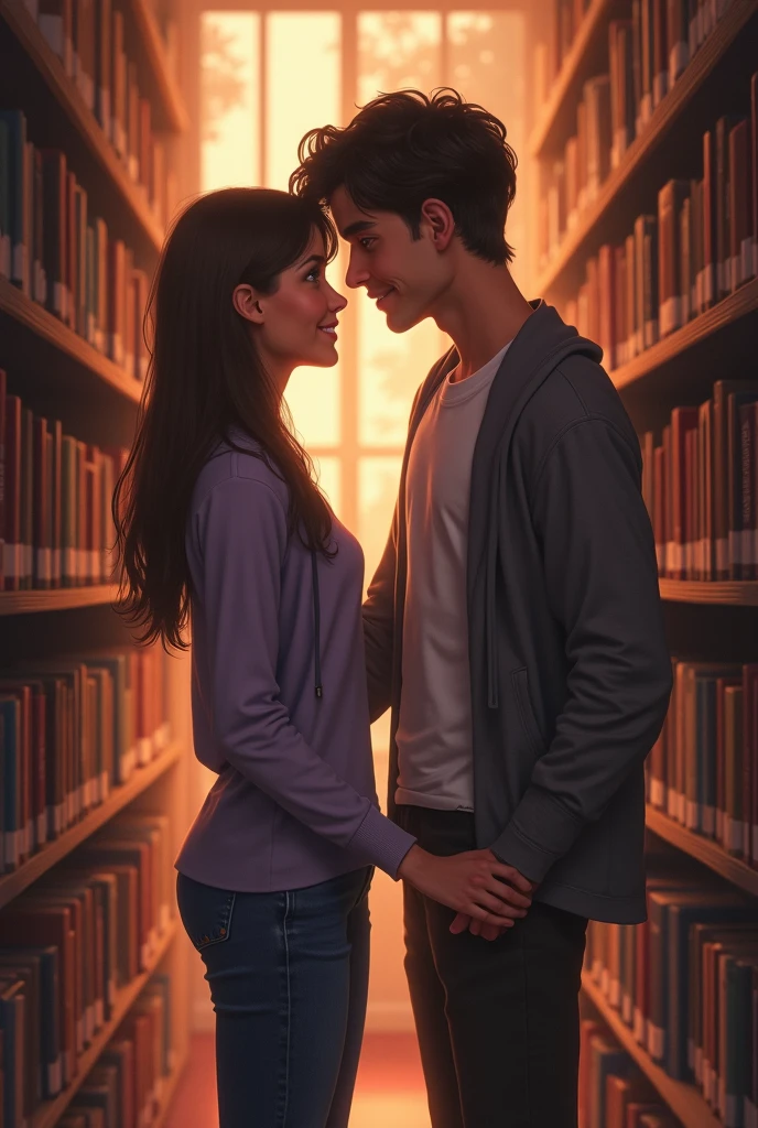 Create a boy and girl looking at eachother with smile.in college library. Girl wearing purple tshirts.
