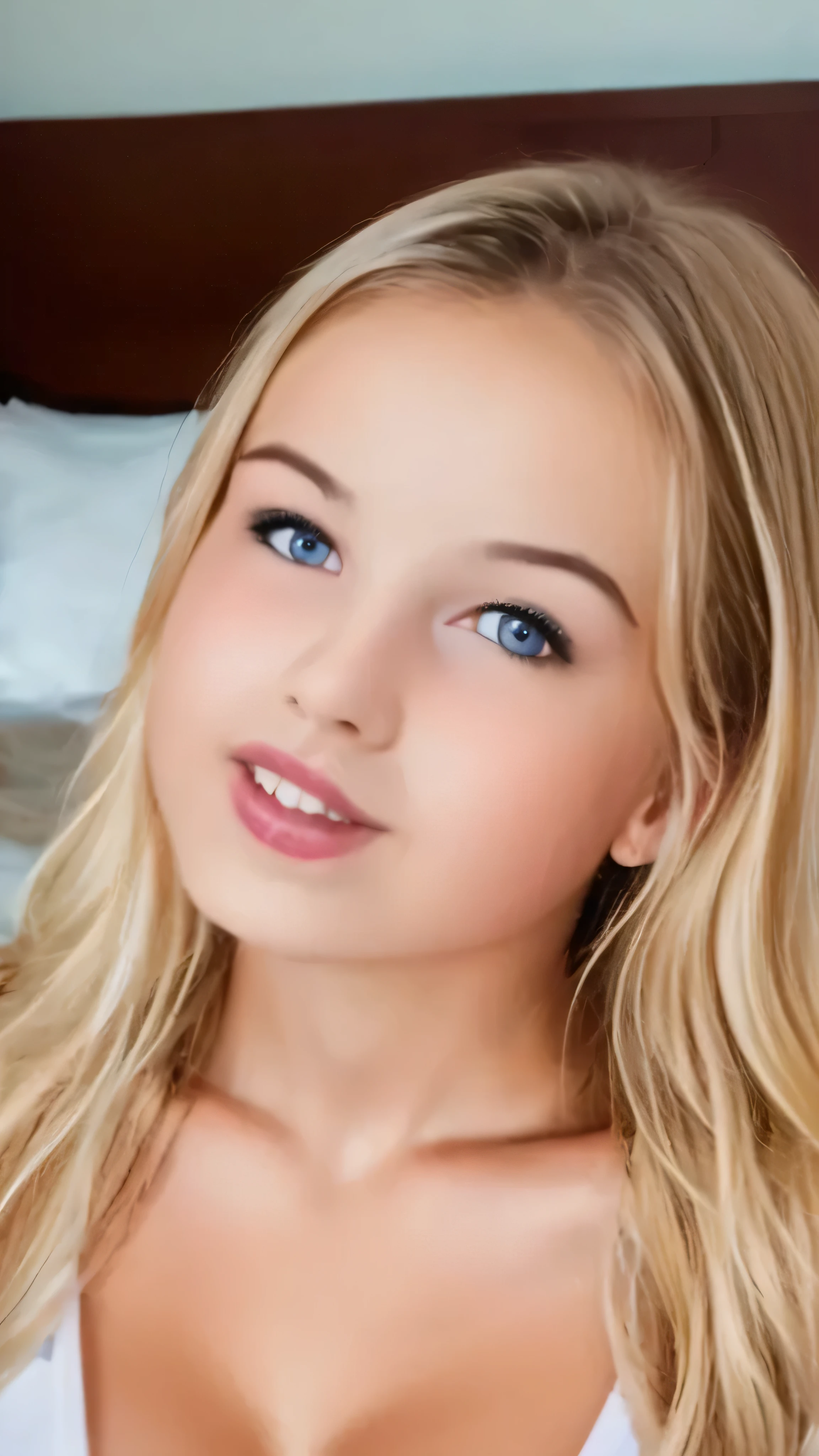 sun lighting, (1girl, Korean, milf:1.4), (bed), (masterpiece, film grain, best quality, ultra high res, realistic:1.4), detailed skin, natural skin tones, mole, looking at viewer, face, blush), dimple, open mouth, (tongue), half closed eyes, freckles, sparkling eyes, (cheekbones, raised cheeks), (small slight nose, long monolid eyes), (lying on back, upper body:1.4), white short dress, (see-through), (perfect anatomy:1.4)