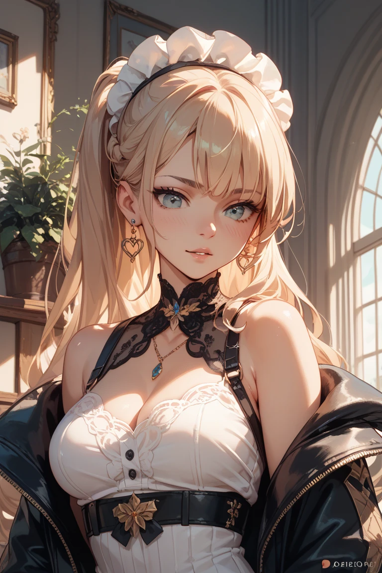 Cute Girl, (ash blond hair), ((very bun hair)), Perfect face, Innocent smile, Upper body,(Cerulean Eyes), (Yan), (Petite), (slender), ((flat chest)), ((16 only)), Skindentation, Extreme Detail, charming oval face, Red lips, Pink, Glossy skin, detailed hairs, Face Focus, Close-up chest, Luxurious hair ornaments, Gold Earrings, ((1 girl)), Embarrassed expression,