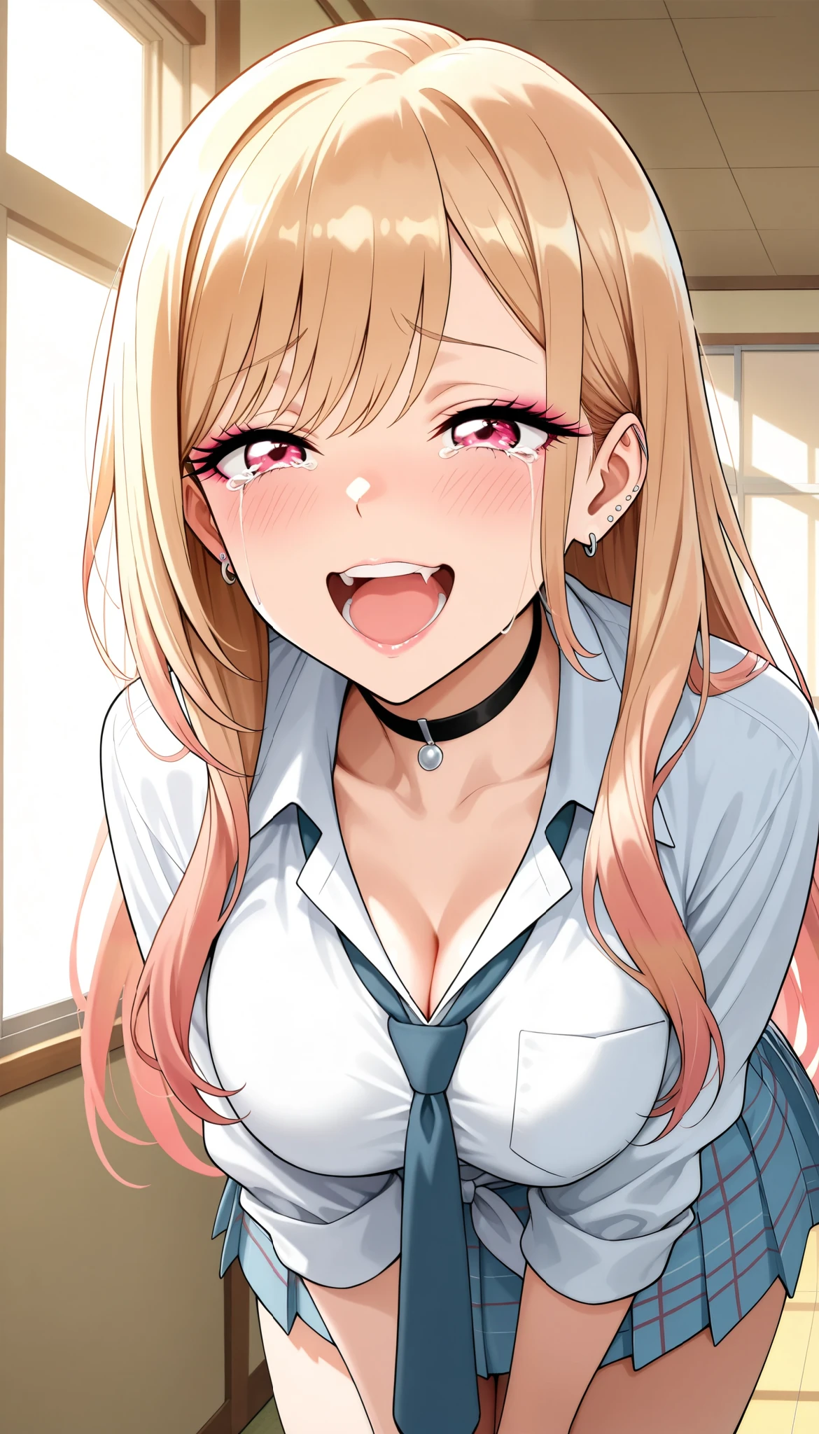 1 Beautiful Girl , Kitagawa Marin, sono bisque doll wa koi wo suru, prominent feminine features, Beautiful breasts, school uniform, shirt, tie pleated skirt, (smile, tears, open your mouth, sad), beautiful shining eyes, glossy lips , very detailed目と顔, Long Lashes, cowboy shot:1.2, sexy, School Scene, (top quality:1.2,very detailed,CG illustration,masterpiece:1.2,best aesthetics),