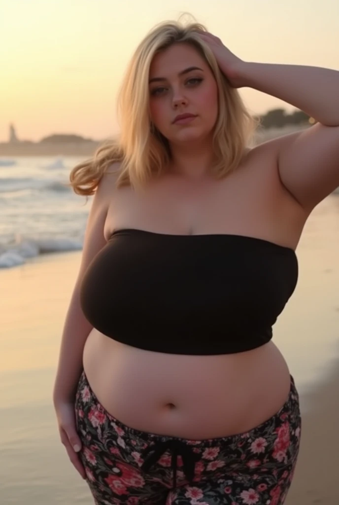 A topless fat young woman at the beach screaming