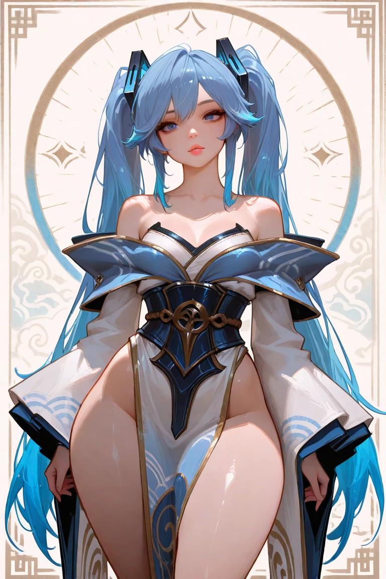Pretty girl、A charming smile、Blue Long Hair、Twin-tailed、Engaging pose、Pale yellow and white leotard costume、Crystal jade、constellation、a moon、Fantastic background、
