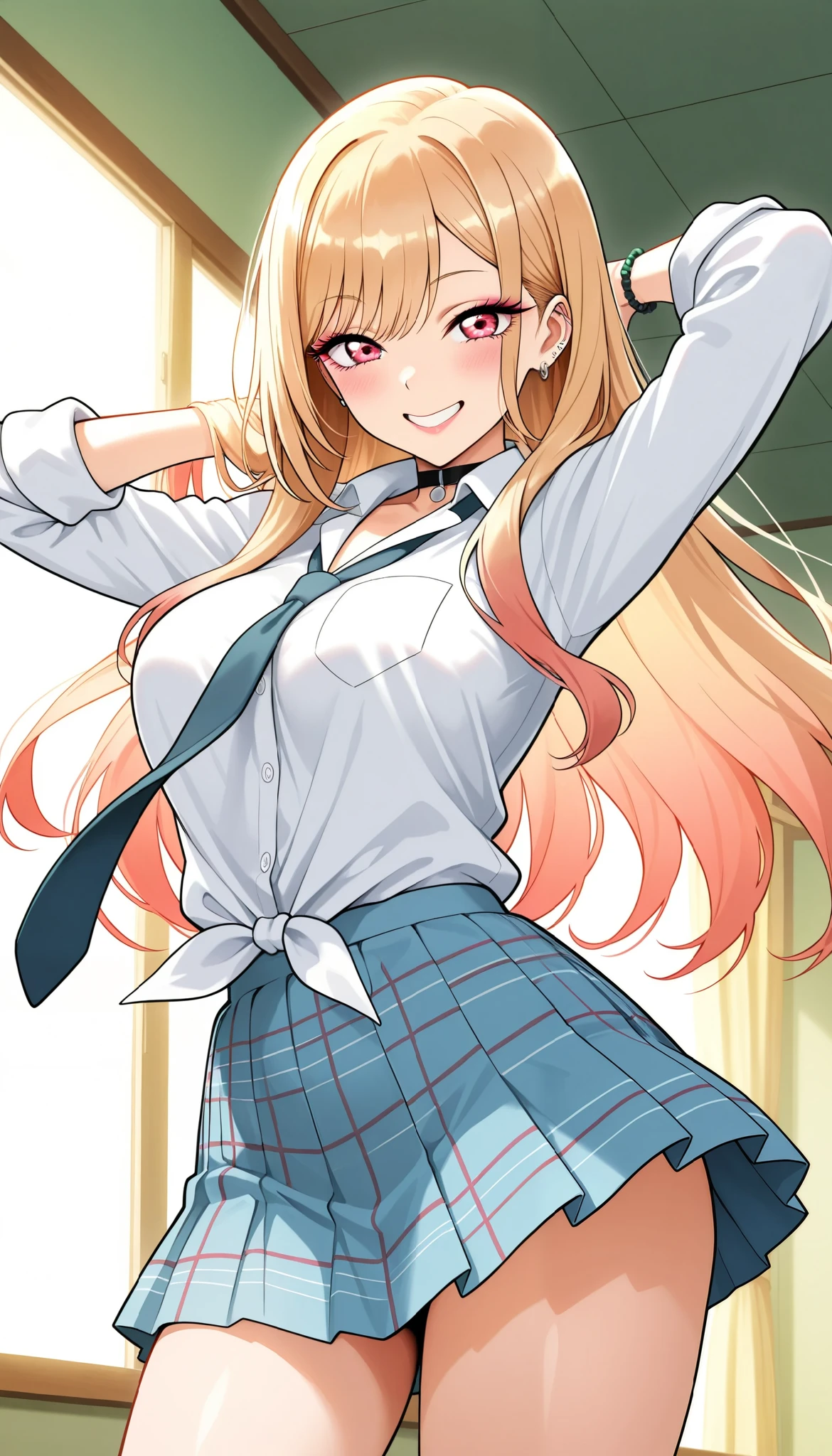 1 Beautiful Girl , Kitagawa Marin, sono bisque doll wa koi wo suru, prominent feminine features, Beautiful breasts, school uniform, shirt, tie pleated skirt, (smile, hands up, jump), beautiful shining eyes, glossy lips , very detailed目と顔, Long Lashes, cowboy shot:1.2, sexy, School Scene, (top quality:1.2,very detailed,CG illustration,masterpiece:1.2,best aesthetics),