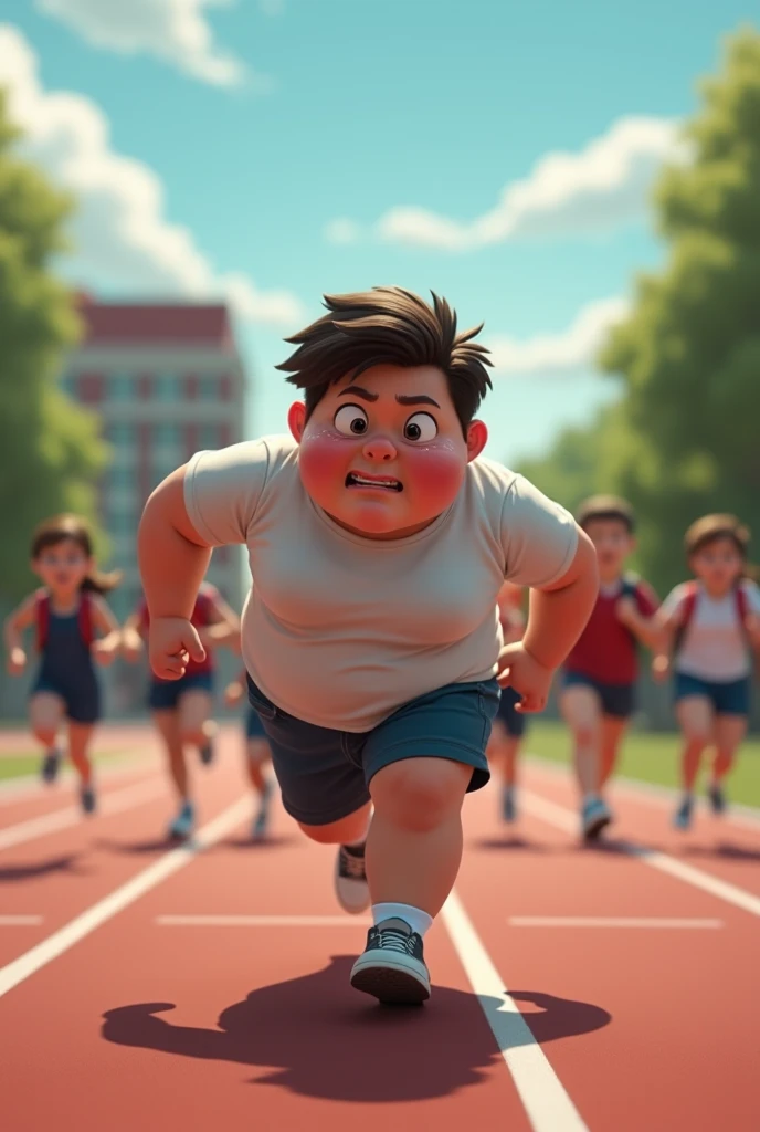 a fat teenager struggling to run during warm up