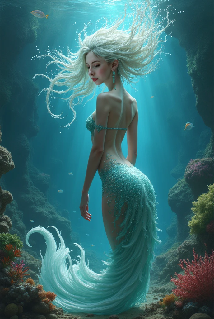 1girl, underwater, skeleton, corpose, on the seabed full of corals and vines, (((mermaid))), swimming towards you, delicate face, big breasts, long hair, fish tail, vista. In the distance, there are dolphins, sea turtles, seaweed, and jellyfish. Bubbles slowly rise from the bottom of the sea, and her eyes are shining with strange lights. Sunlight penetrating into sea water from above