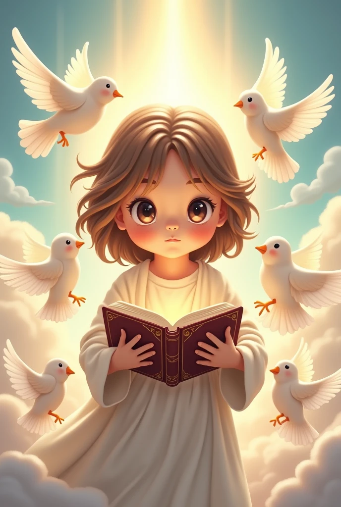 Generate an image of a child holding a Bible in one hand and healthy food in the other hand.