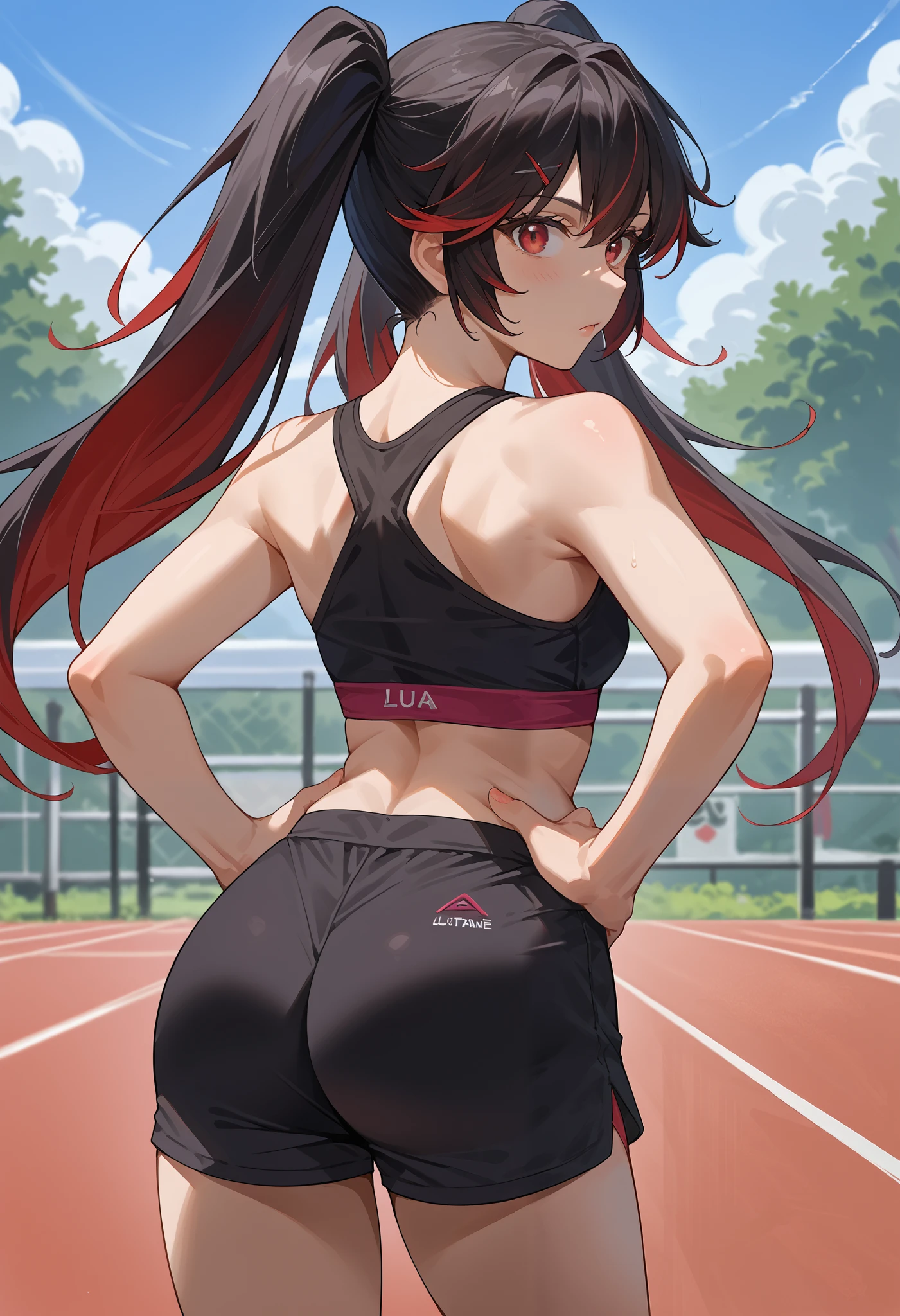 score_9, score_8_up, source_anime, 1girl, solo, LuciaPlume, long hair, twintails, streaked hair, gradient hair, from behind, looking back, hands on hips, sports bra, black shorts, ass,