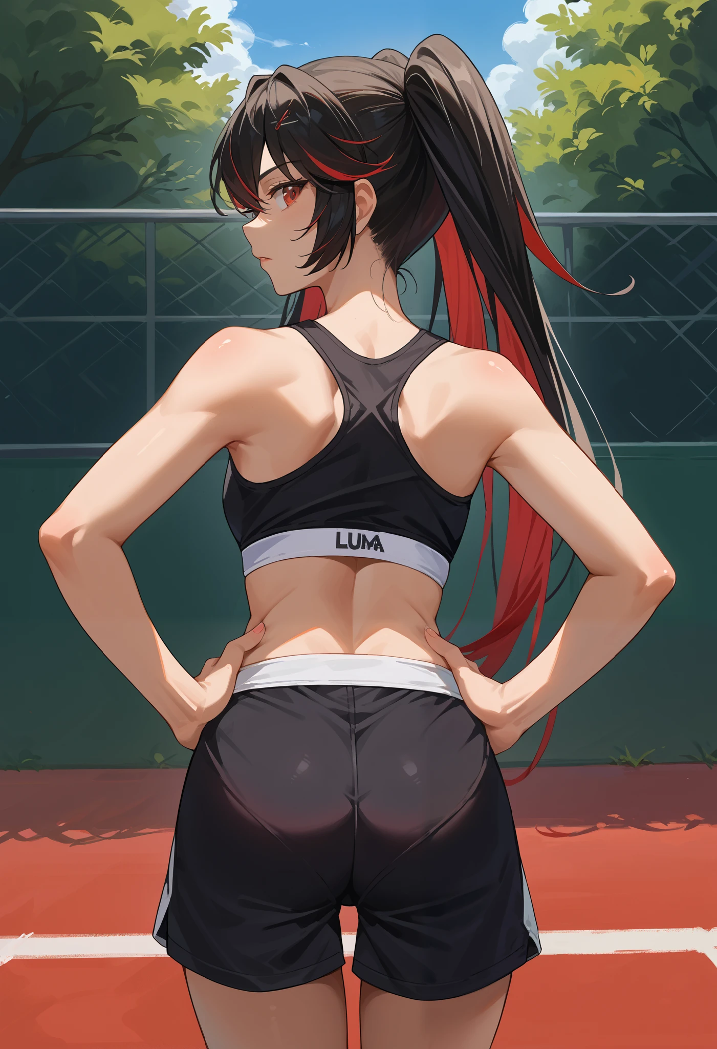 score_9, score_8_up, source_anime, 1girl, solo, LuciaPlume, long hair, twintails, streaked hair, gradient hair, from behind, looking back, hands on hips, sports bra, black shorts, ass,