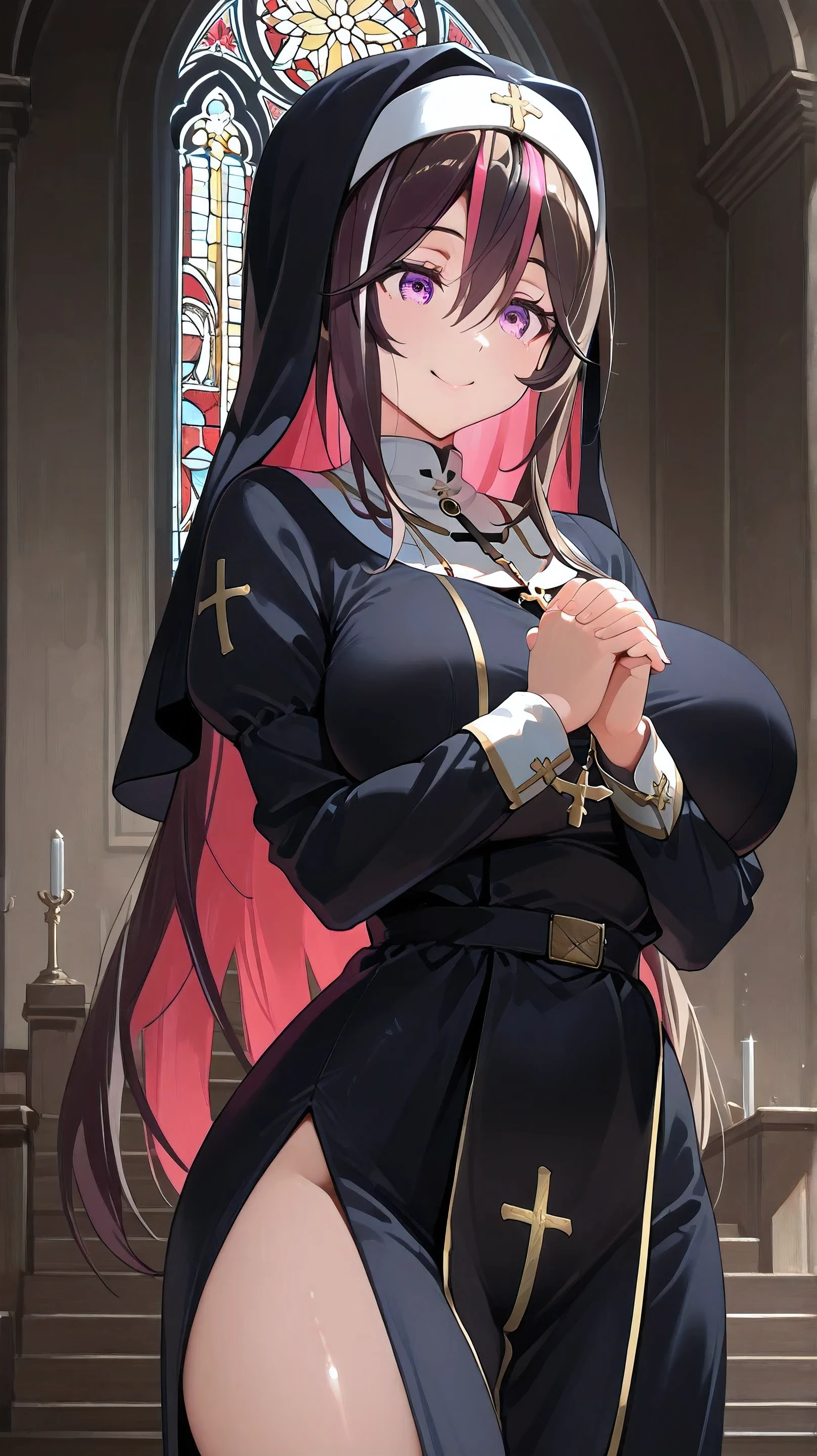 ((ultra-detailed)),best quality,masterpiece,(1 girl),solo,holy,cowboy shot,Beautiful nun, wimple, (((Sacred))),(( black Cassock clothing)),church、glass,((dark)), praying,masterpiece, top quality , great quality, very aesthetic , absurd,up to date, AZki、Brown Hair 、pink inner hair 、purple eyes、 long hair 、Big Breasts、Viewers Watch、front、 standing、 (Thighs), Voluptuous, Smile, (Thigh slit)