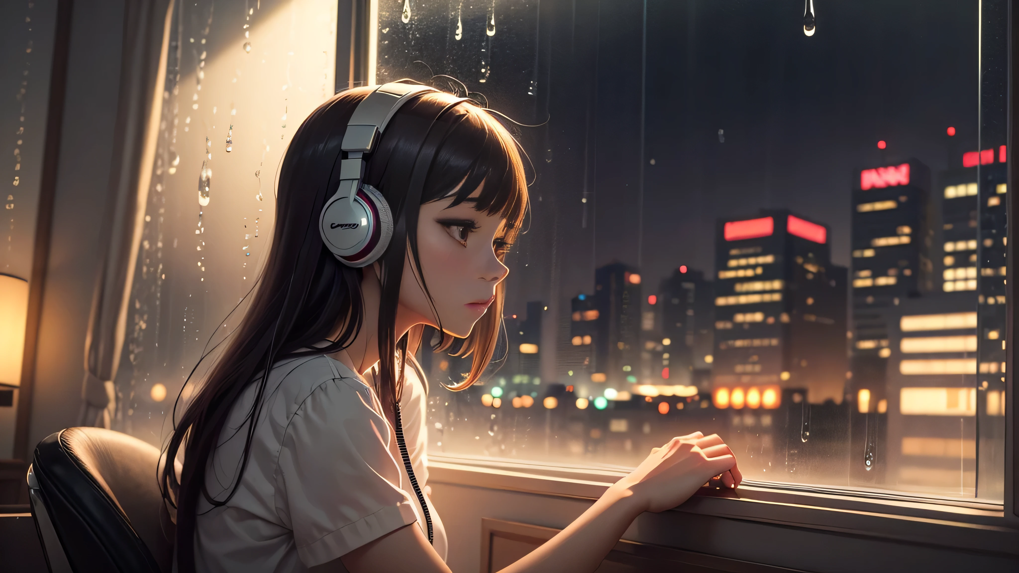 A full-body image of a -yeld giwith headphones, sitting in a cozy café in a rainy city. Raindrops trickle down the windows, creating a soothing sound. The scene is rendered in ultra-high quality (4K, 8K, high resolution, masterpiece: 1.2) and is ultra-detailed with a realistic, photorealistic style (photorealistic: 1.37). Intricate details, cinematic lighting, warm color tones, and a changing atmosphere enhance the scene. The girl's beautiful, detailed eyes and lips, along with her long eyelashes, are striking. The portrait captures her in a street scene on a rainy day.