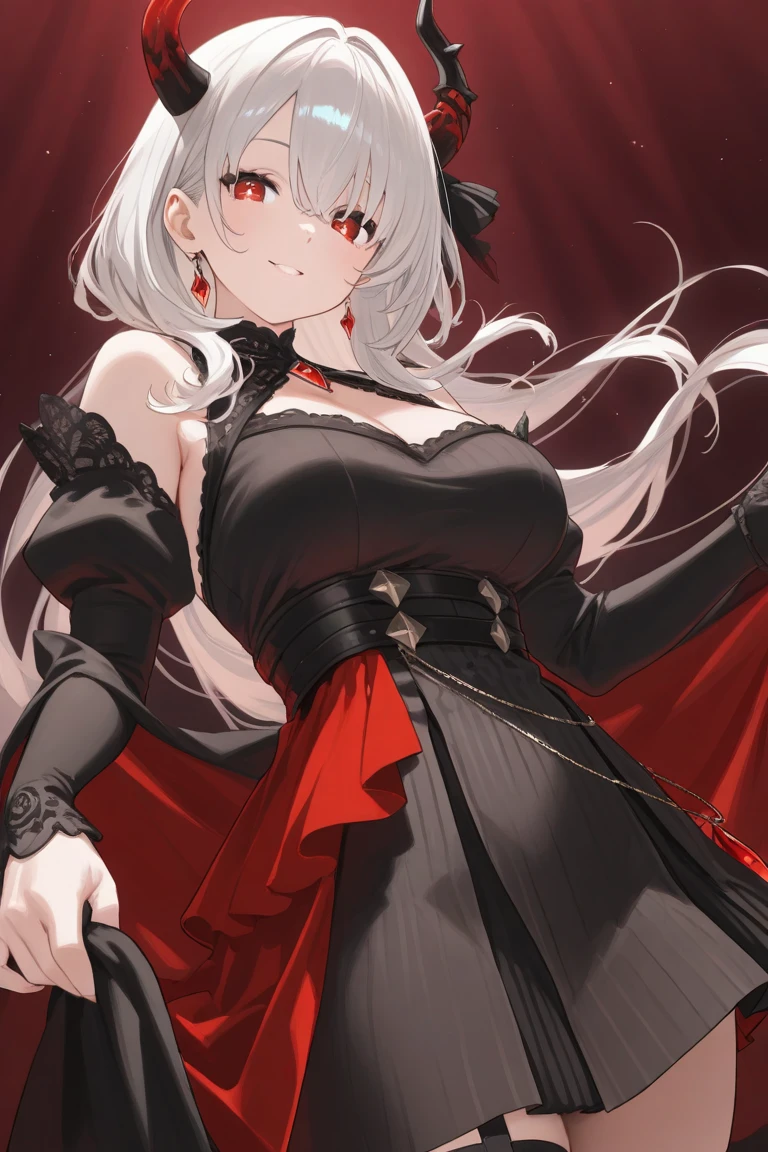 masterpiece, +++, top quality, soft light, portrait, medium length white hair, red highlight in hair, red eyes, wearing a black outfit, blushing, smiling, breast window, flat chest, white background