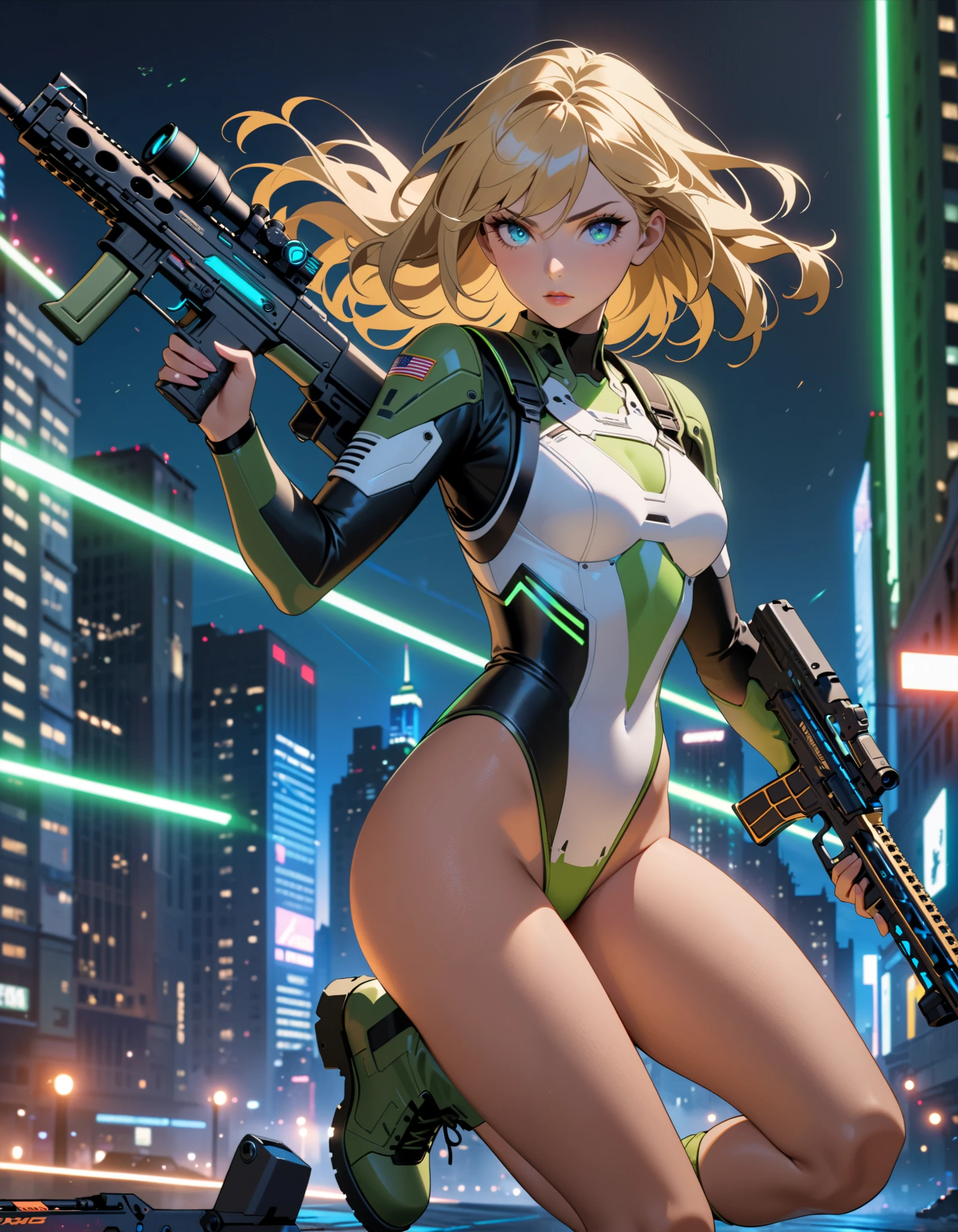 best quality, masterpiece, highres, solo, solo focus, 1lady, semi-realistic, dynamic action pose, in battle, looking away, (floating in the air:1.2), blonde hair, blue eyes, beautiful detailed eyes, beautiful detailed face, (perfect hands), sexy us military officer, dressed in a green and white leotard, city backdrop, neon edge lighting, highly detailed, professional, bare legs, matching boots, ankle-high boots, full body shot, (using a cyber rifle:1.2, perfect gun, very detailed weapon, perfect hand holding weapon), medium hair, hair down, nighttime, dramatic angle
