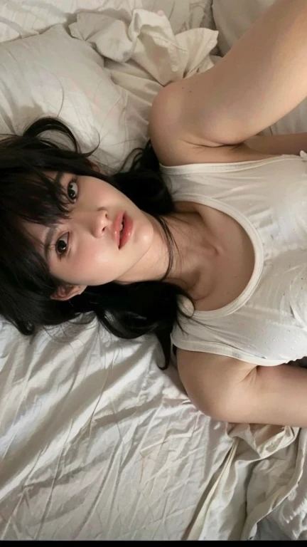 there is a woman laying on a bed with her hands on her head, with pale skin, pale fair skin!!, on my bed, soft pale white skin, pale white skin, pale snow white skin, laying back on the bed, posing in bed, on the bed, pale porcelain white skin, laying on a bed, 2 4 year old female model