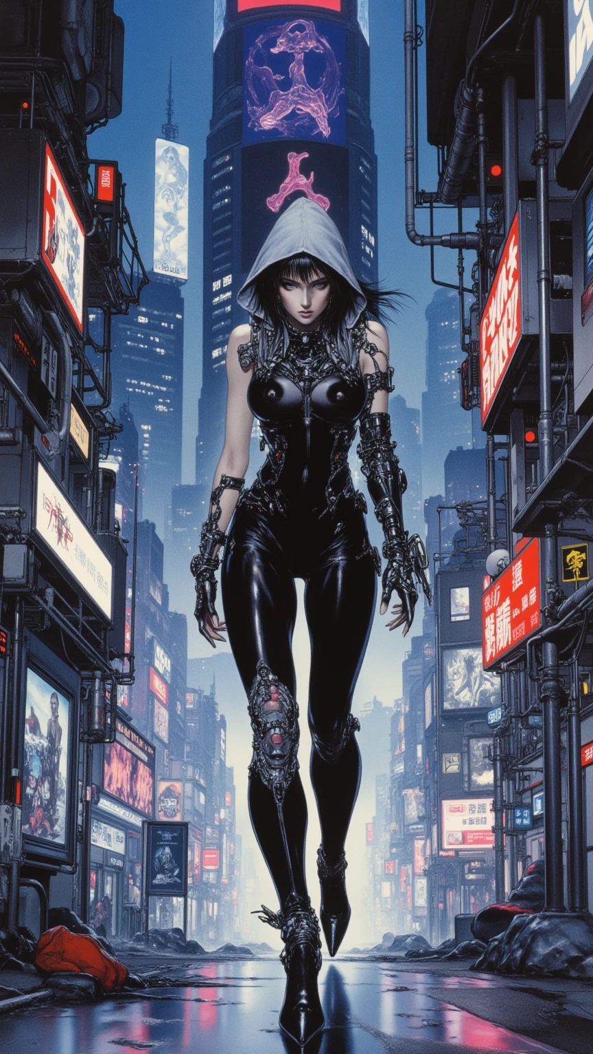 Girl from a shonen manga, strong and determined, smile on the corner of lips, scandalous clothes, futuristic black swimsuit with thin white vertical stripes, high collar, yellow raincoat, all wet, walking on a building roof, lightning cuts the sky on a rainy day, futuristic buildings in the background, (((front view))), Neon panels illuminate your body from behind, perfect fitness body, coxas nuas, long ribbon-garter, high socks and rain boots with platform heels, cena sensual, stunning visual, (((cowboy shot)))
, A highly detailed and realistic skull girl,( eyeballs. Taylor Alegria) cyberpunk character, furious mad max, one-handed robot, Cyborg arm, cyberpunk helmet, dramatic metal heavy rock theme, best qualityer, 8K, hyper realist, photorrealistic, extremely detailed painting, studio lighting, bright coloured, dark and moody atmosphere, cinematic, dramatic pose, intricate mechanical details, glowing energy effects, intense sandy textures, Seamless integration of organic and inorganic elements. Wearing the used clothes of a deserter. fund: An apocalyptic desert. Dusty and depressing.