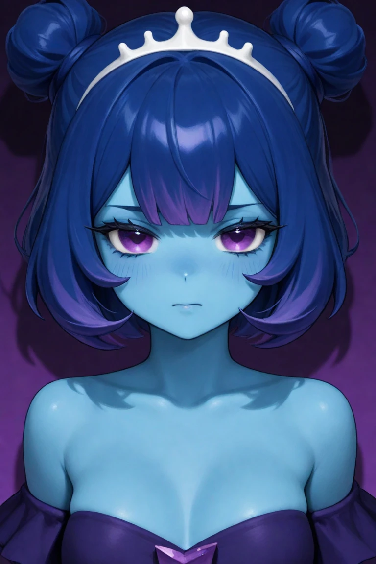 1girl,(purple skin:1.0),upper body,pov,arms behind back,expressionless,black hair,bob cut,blunt bangs,red eyes,medium breasts,nipples,large areolae,white background,best quality <lora:purple-skin-xl-test:-3>